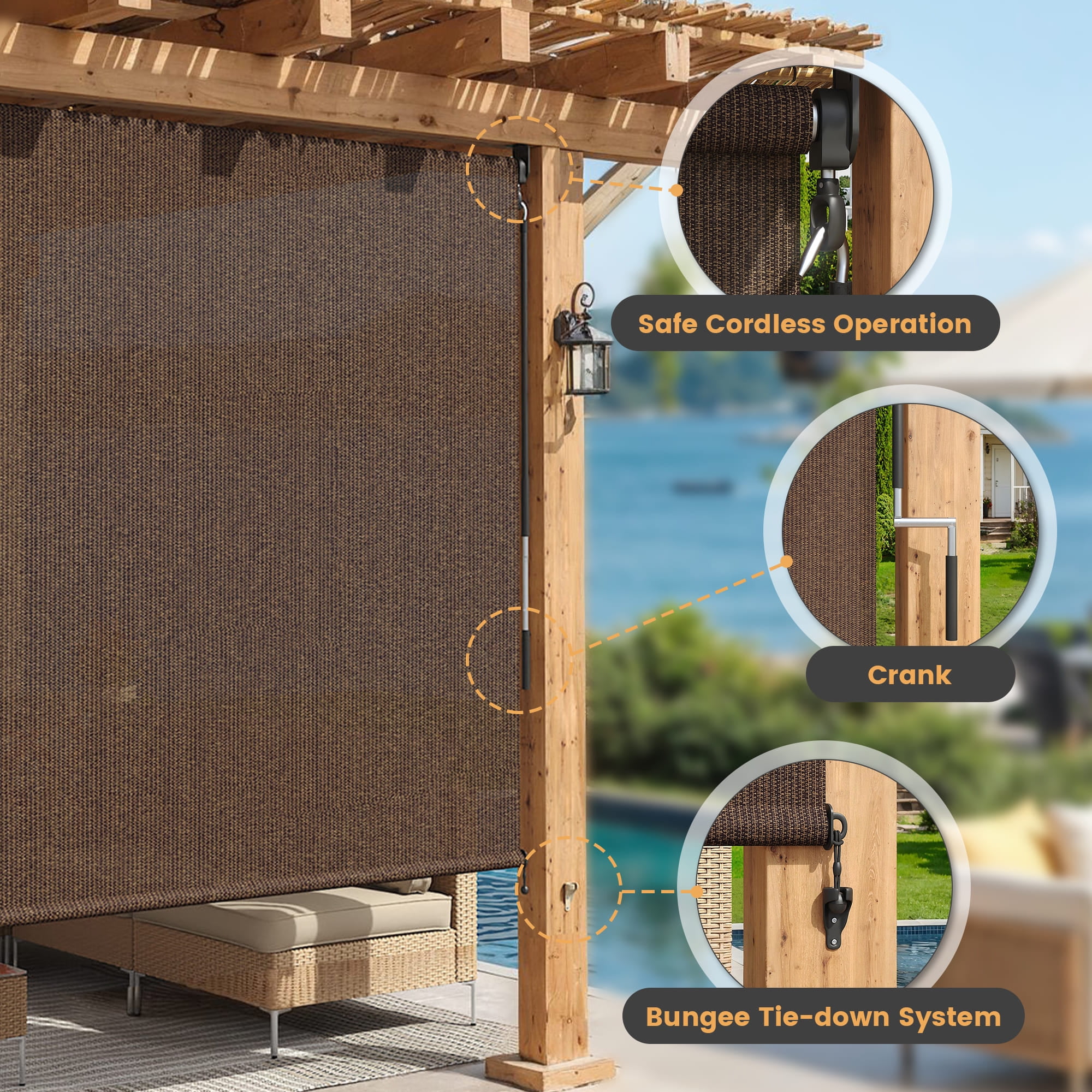 Vicllax Outdoor Sun Roller Shade for Patio Porch with Crank Operation (Mocha, 10 ft W x 8 ft H) aw6gg