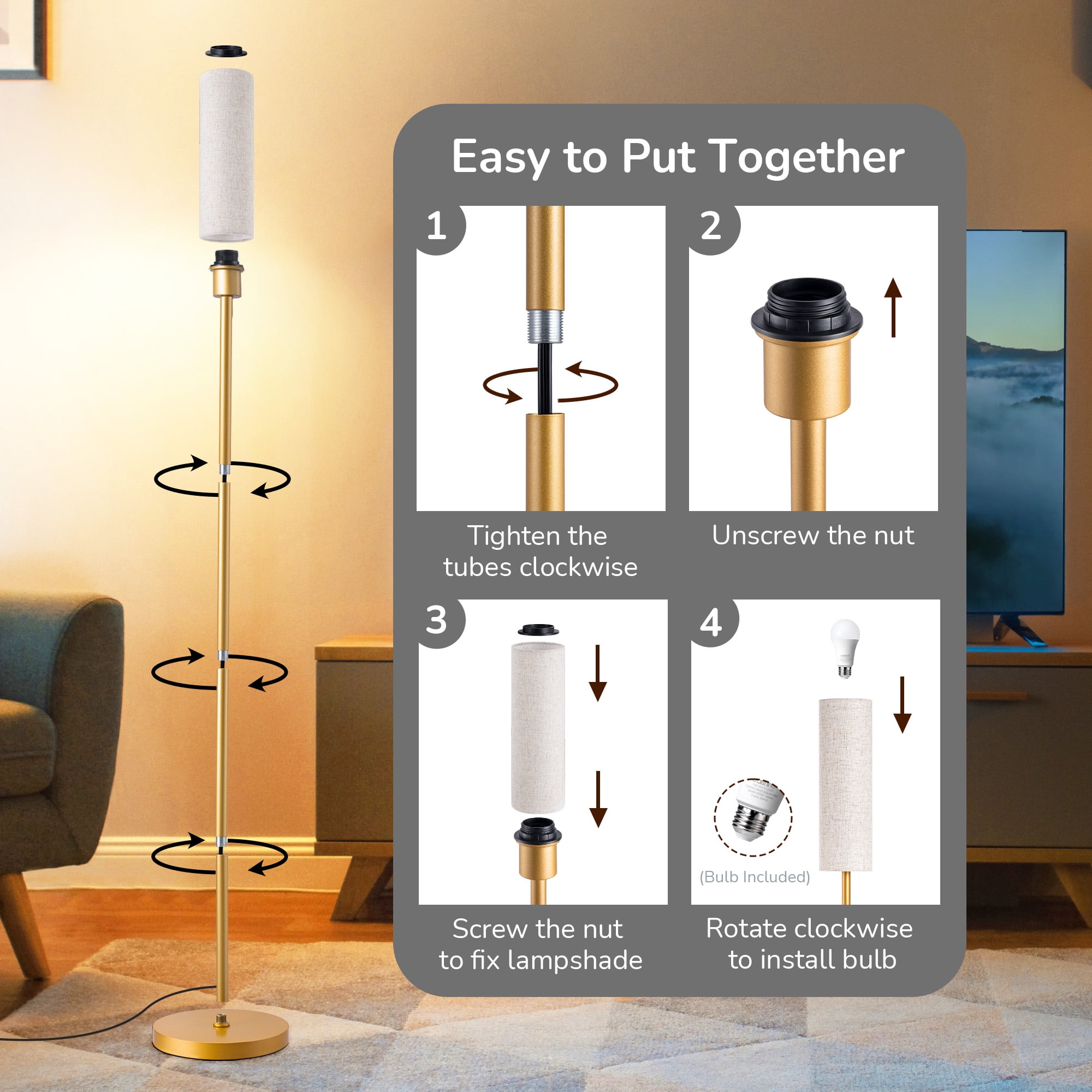 EDISHINE Modern LED Floor Lamp with Remote Control and Dimmable Lighting (Gold, 65 in) 86qpe