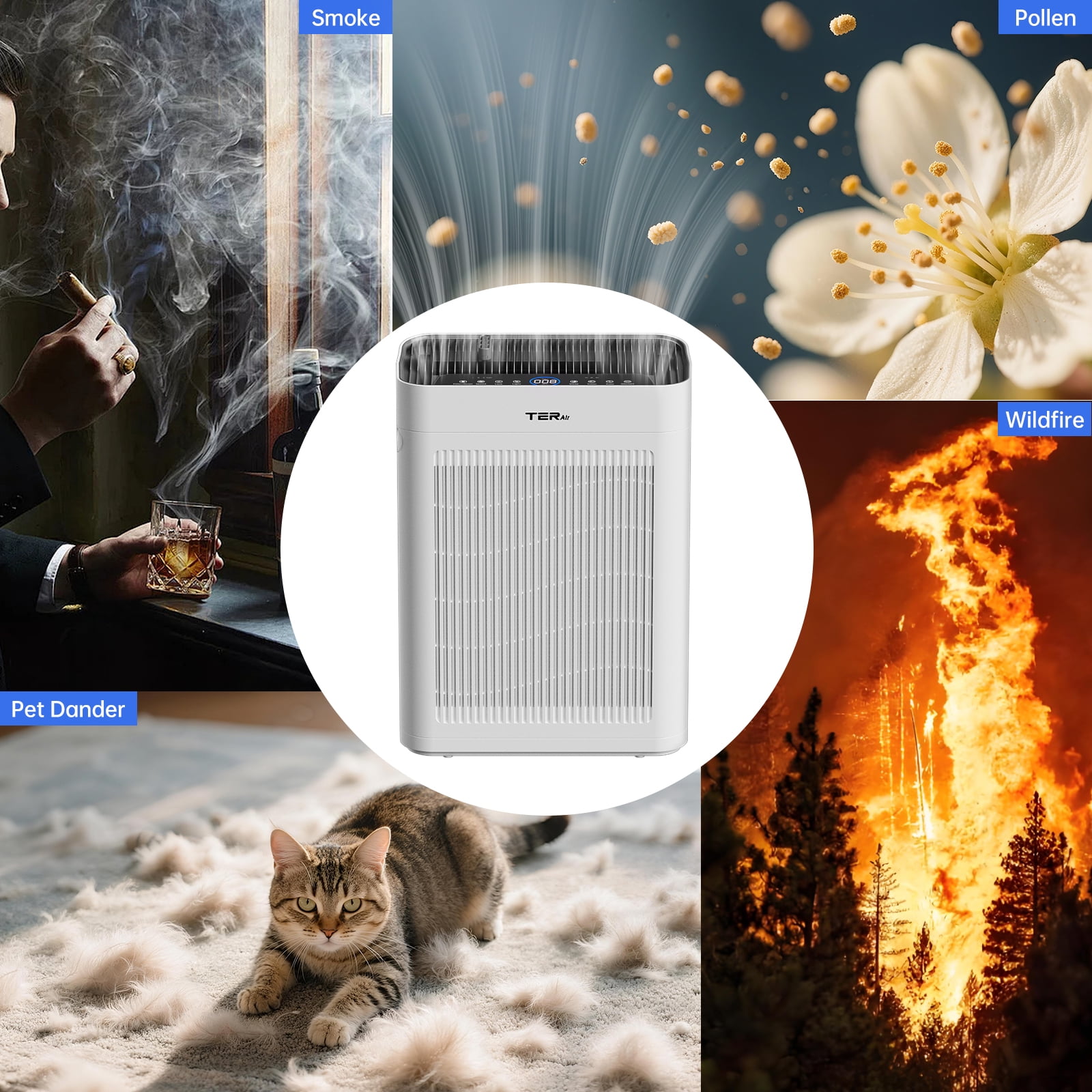 TER Air Purifier for Large Rooms, H13 HEPA Filter with PM2.5 Sensor, Quiet Air Cleaner for Home, Pets, Smoke, and Dust (White, 2500 sq ft) apfj4