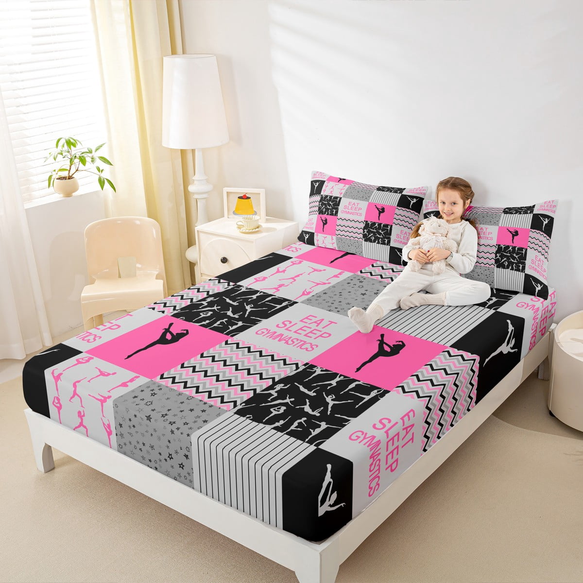Manfei Sport Theme Twin Sheet Set, Gymnastics Pattern Bedding with Pink Geometric Wave Lines (3-Piece Set, Twin) v0xx2