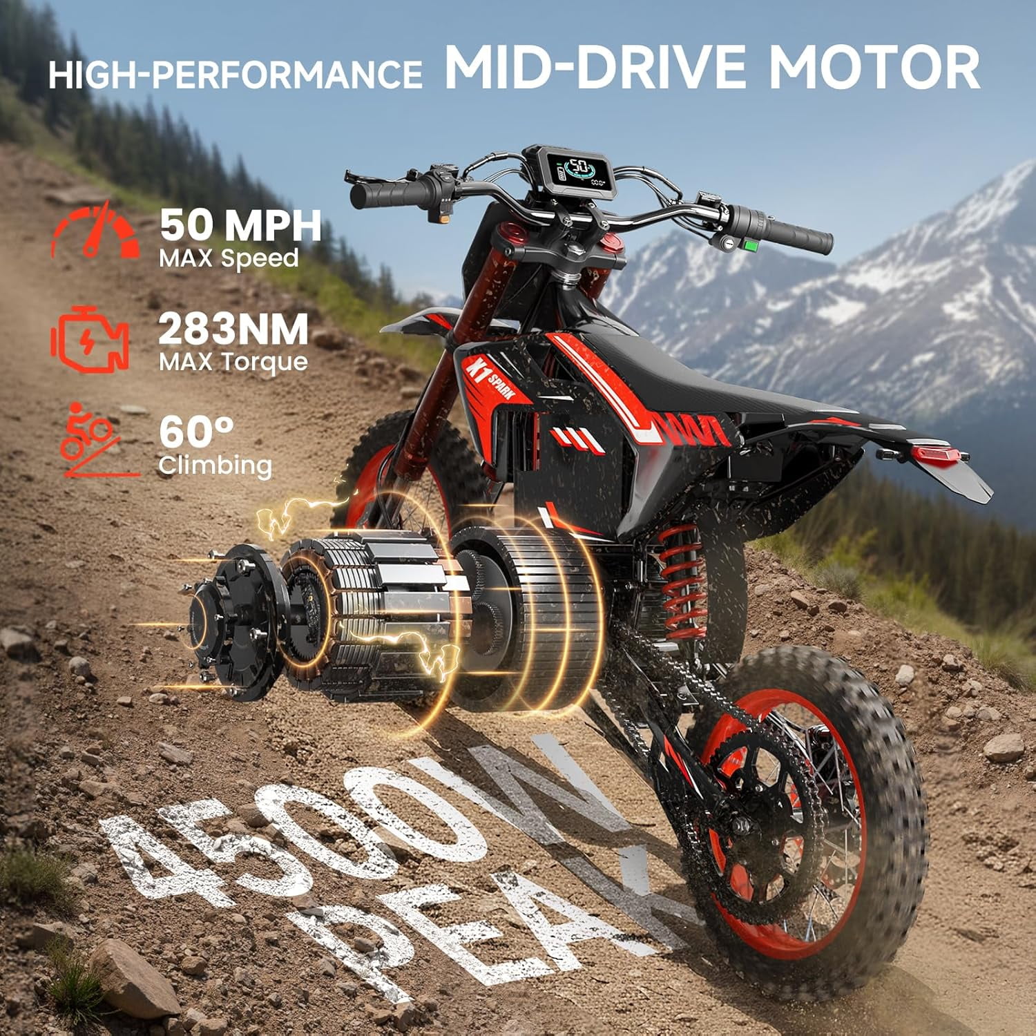 Qronge Electric Dirt Bike, 4500W High-Performance Off-Road E-Bike with Full Suspension and Dual Hydraulic Brakes (Black, 14 in/12 in) ua0mf