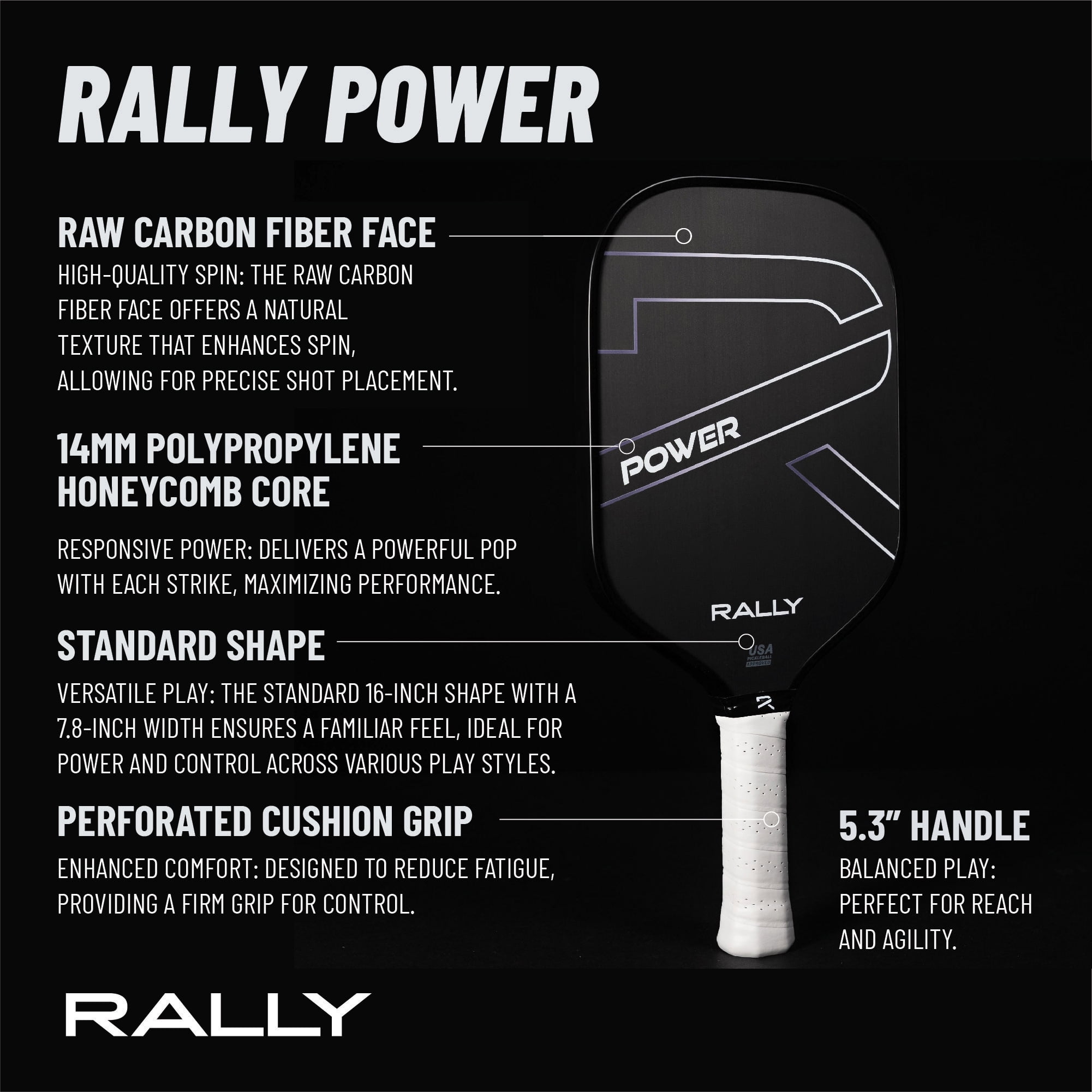 PickleballCentral Rally Power Raw Carbon Pickleball Paddle, Enhanced Spin & Control (Grey, 8 oz) jjb4w