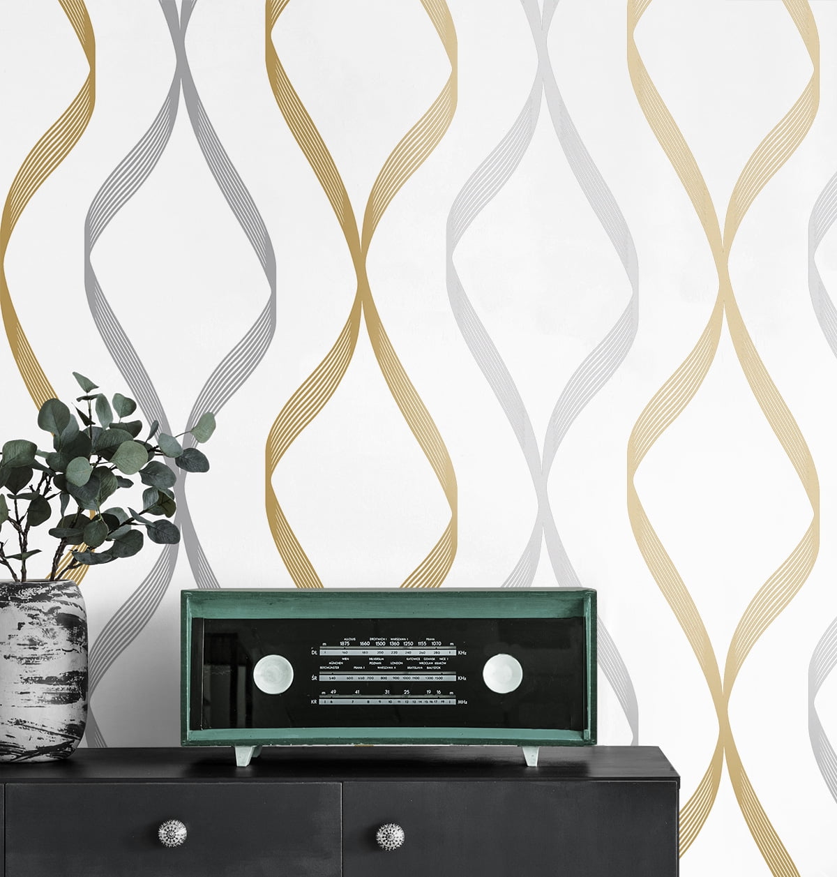 NextWall Ogee Ribbon Peel and Stick Wallpaper (Silver and Gold, 20.5 in. x 18 ft.) xie6h