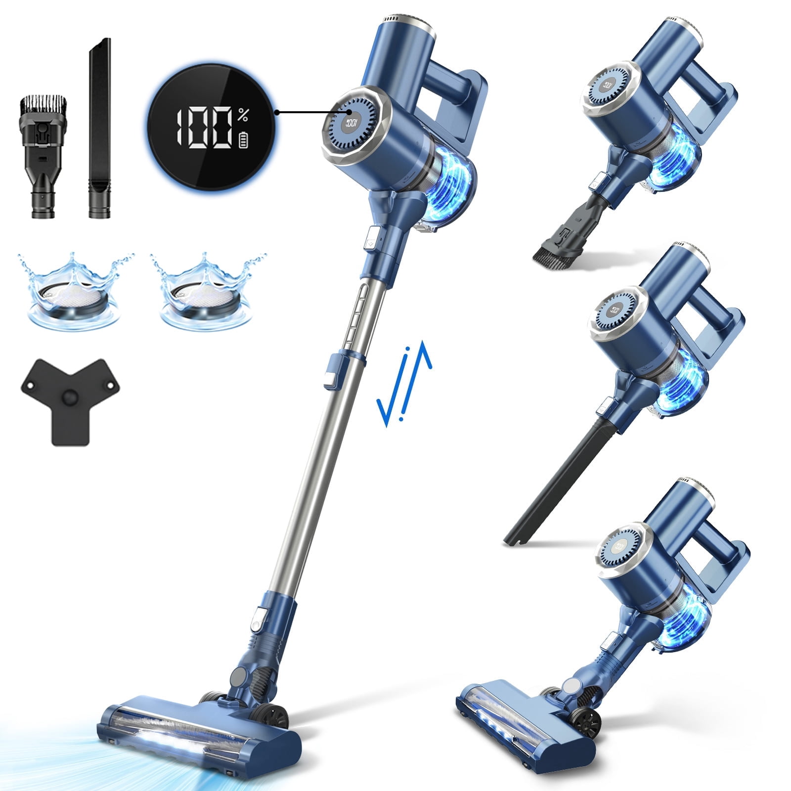 PrettyCare Cordless Stick Vacuum Cleaner, 6-in-1 Lightweight Upright for Carpet and Hard Floor (Blue, 1.3L Dust Cup) 6ctnz