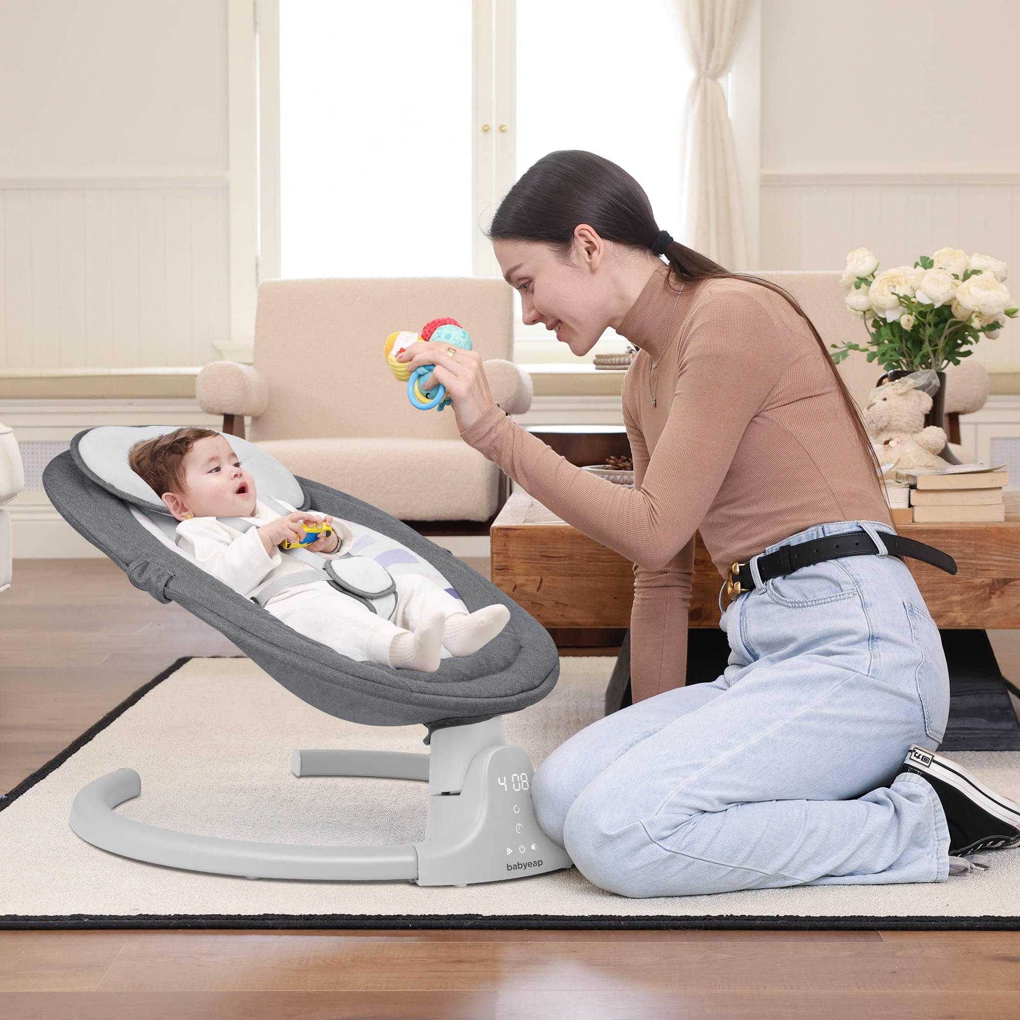 Babyeap Baby Swing for Infants with Bluetooth Remote Control and 5 Speed Settings (Gray) kq2zo