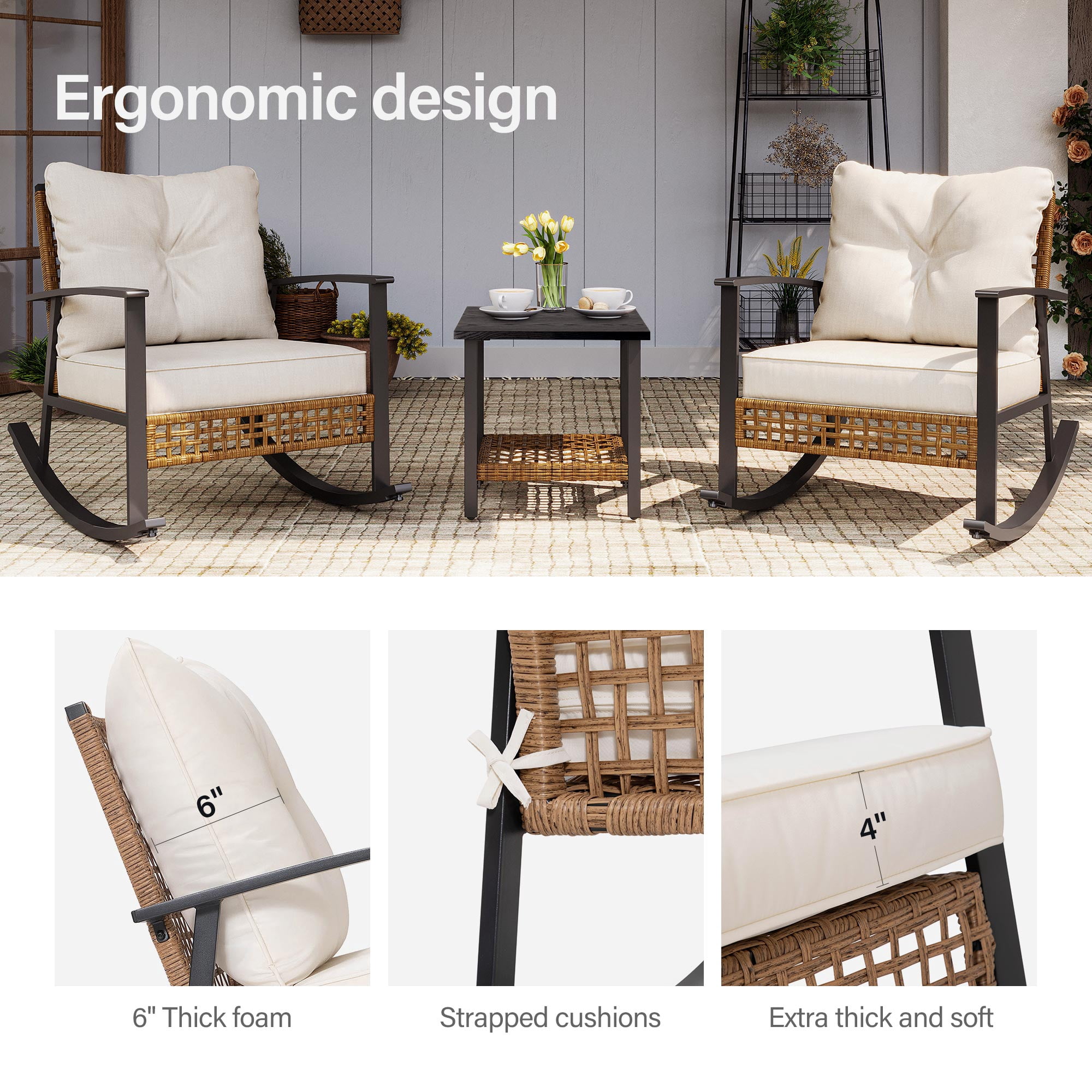 KamerOut 3-Piece Patio Conversation Set, All-Weather PE Wicker Rocking Chairs with Coffee Table (Beige, 3-Piece Set) hh2ab