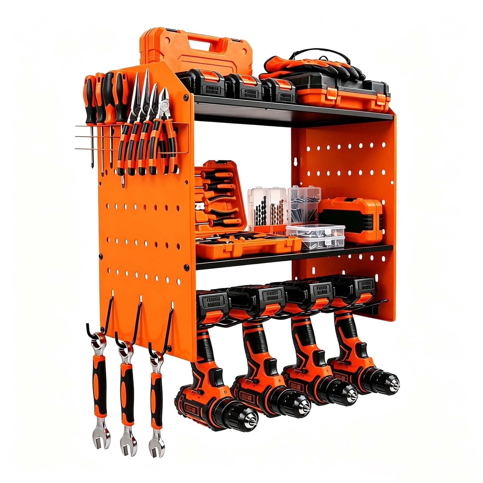 Loonpon Power Tool Organizer Wall Mount, 4-Layer Heavy Duty Drill Storage Shelf with Hooks (Orange, 16.4 in x 8.7 in x 18.9 in) ukydt
