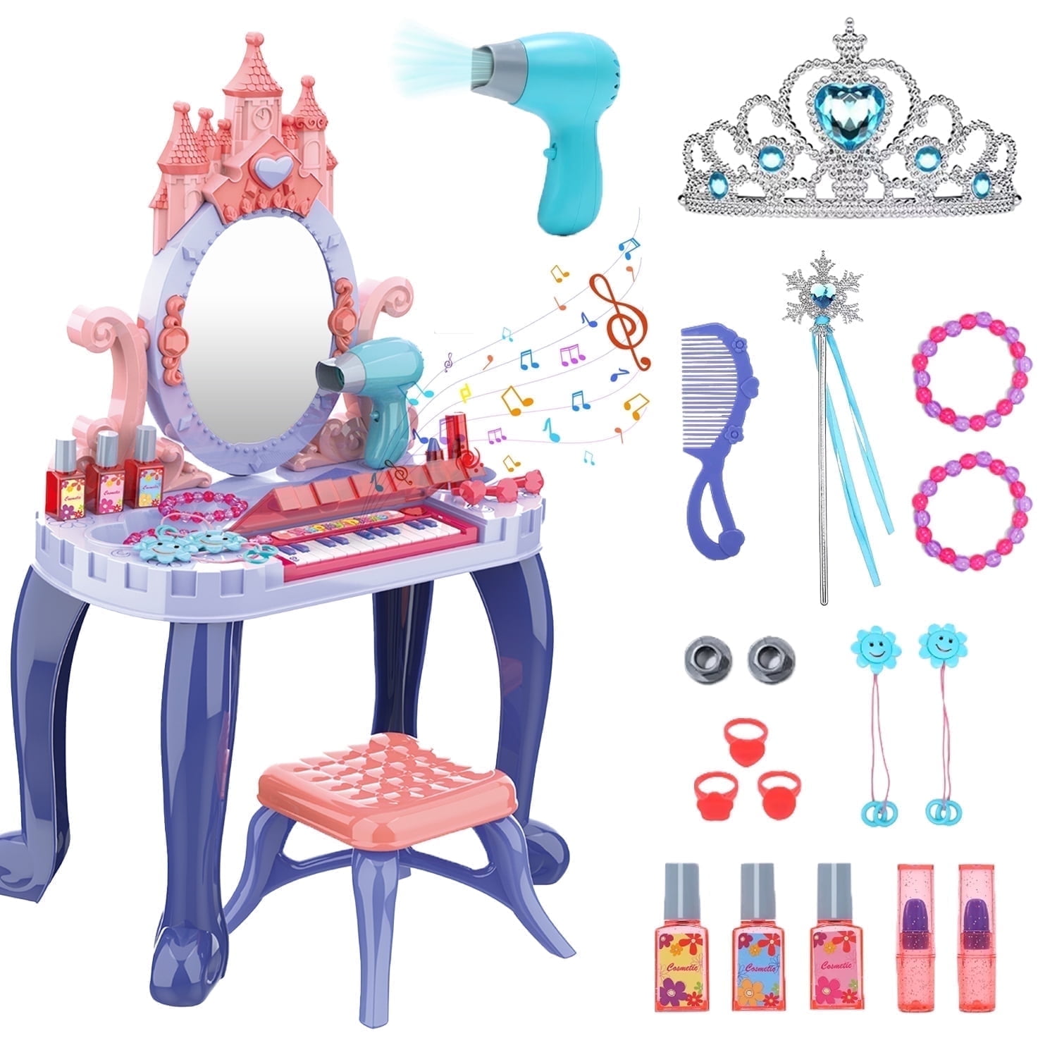 LINXUXIE Toddlers Vanity Dresser Play Set with Musical Piano and Pretend Makeup Accessories (Blue, 21-Piece) b383u