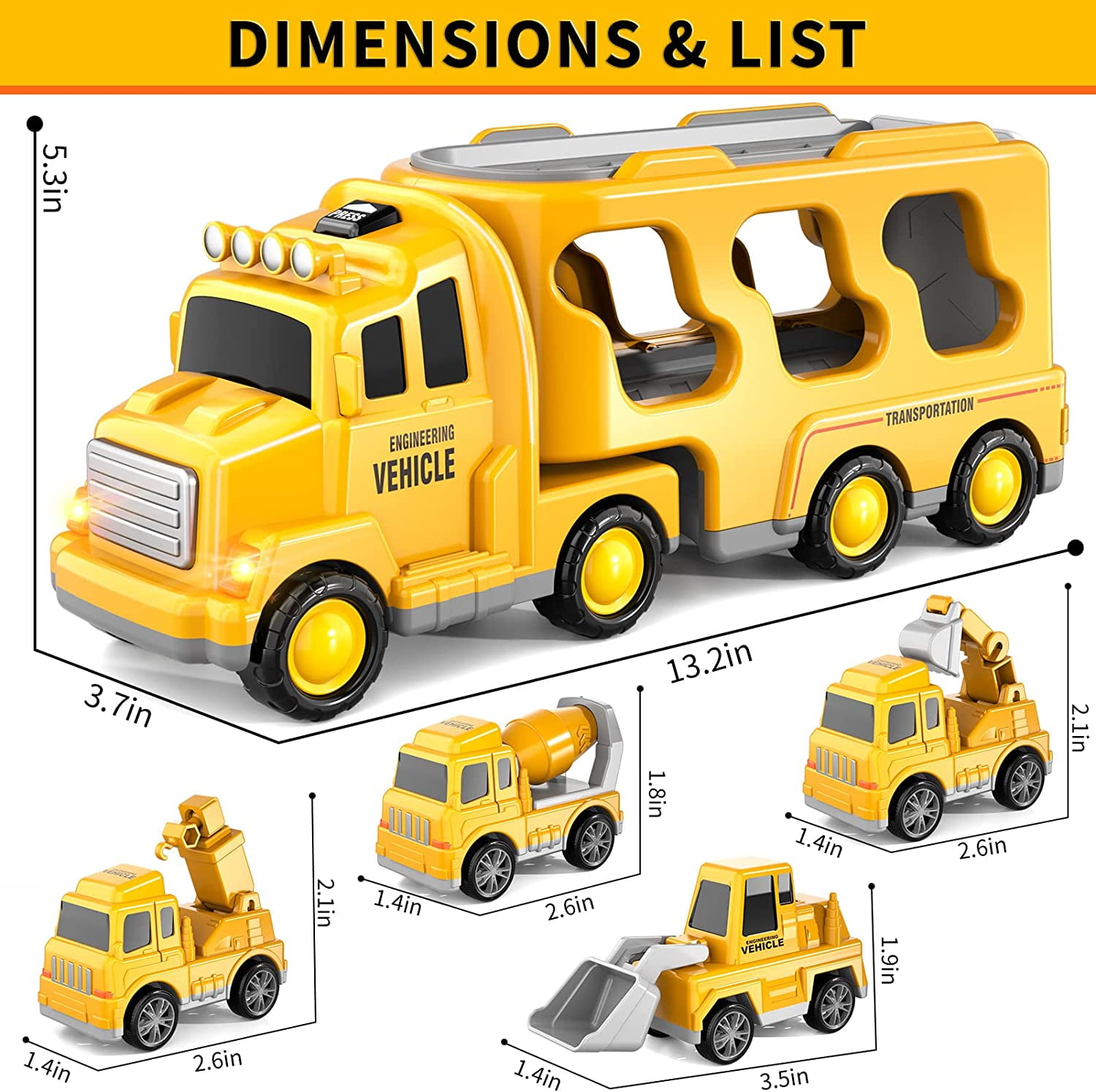 PayUSD 5-in-1 Construction Carrier Truck Set with Friction Power Vehicles (Yellow, 1 Set) qd7xg