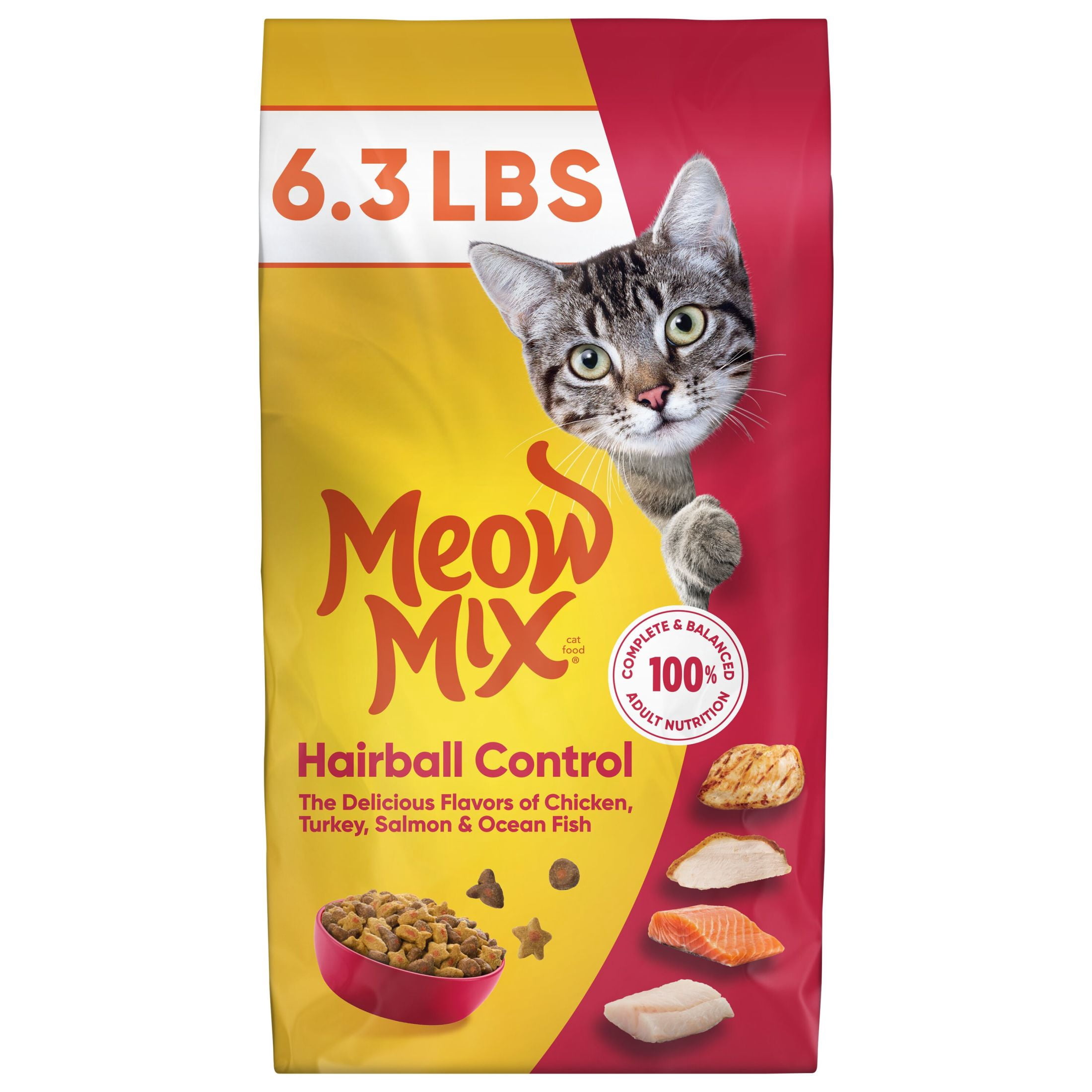 Meow Mix Hairball Control Dry Cat Food for Adult Cats (Chicken, Turkey, Salmon, Ocean Fish, 6.3 lb) vq7wf