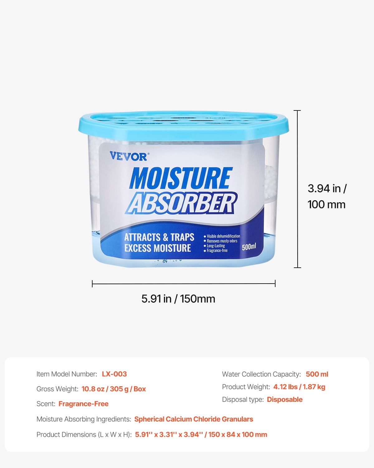 VEVOR Moisture Absorber Boxes, Fragrance-Free Humidity Dehumidifier for Closet and Bathroom (White, 6 Pack, 10.8 oz) it6m5