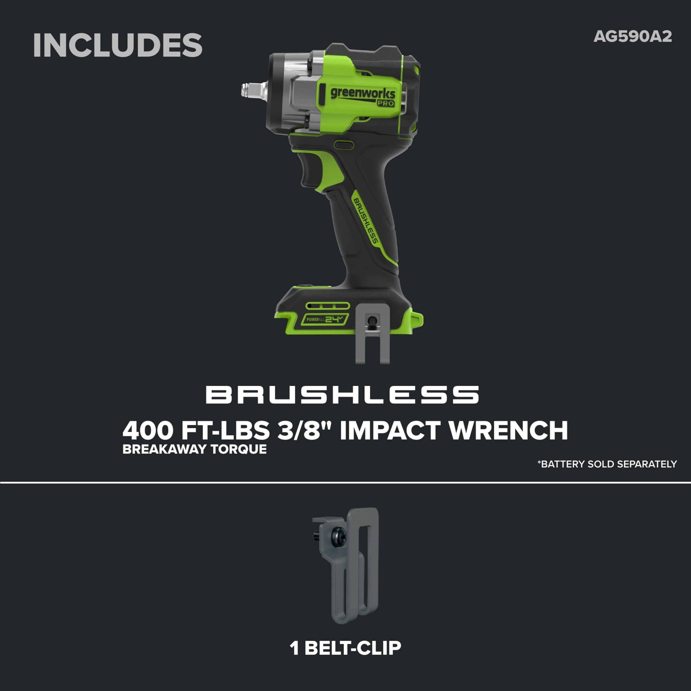 Greenworks Pro PowerAll 24V Brushless 3/8-inch Impact Wrench with 400 ft-lb Breakaway Torque (Green, Tool Only) 91uu6