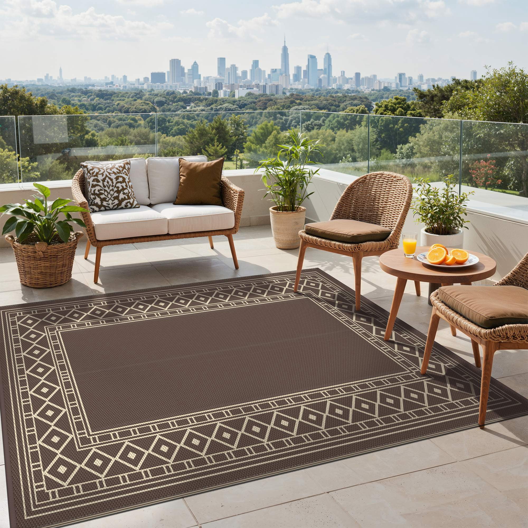 DEORAB Outdoor Rug Waterproof Reversible Patio Mat for Camping and Backyard (Coffee & Brown, 6 ft x 9 ft) ekkm9