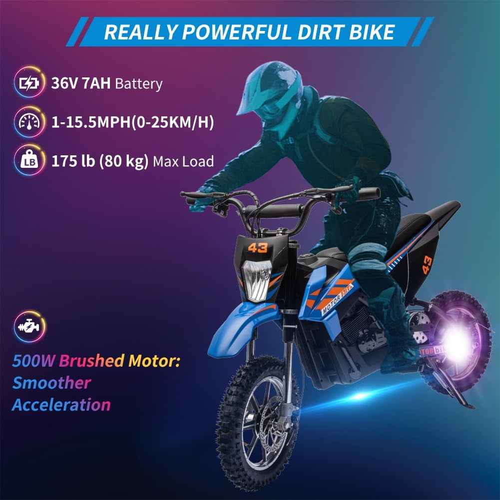 Jojoka Electric Dirt Bike for Kids, 500W Motor Off-Road Motorcycle with LED Headlight and Leather Seat (Blue, 175 lb Max Load) 052b8