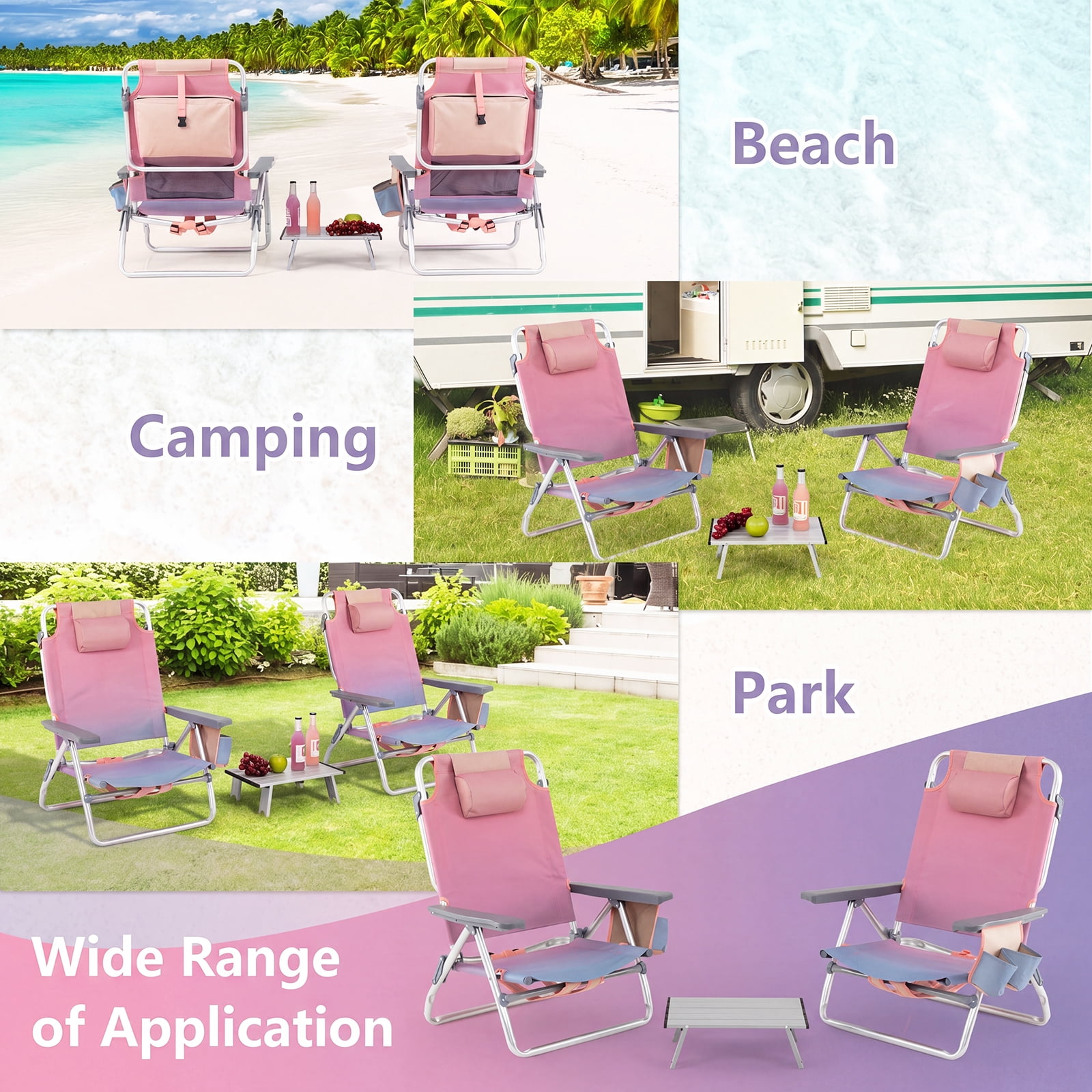 Gymax 3-Piece Outdoor Camping Set, 2 Folding Beach Chairs & Portable Aluminum Side Table, 5-Level Adjustable Backrest (Pink) mruq7