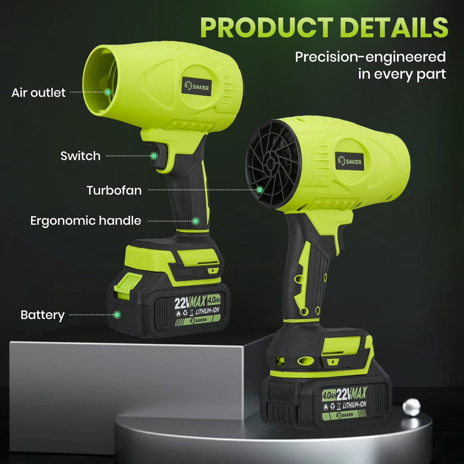 Saker Electric Cordless Leaf Blower with Adjustable Speed and Dual 4.0Ah Batteries (Green, 2.2 lb) izxl9