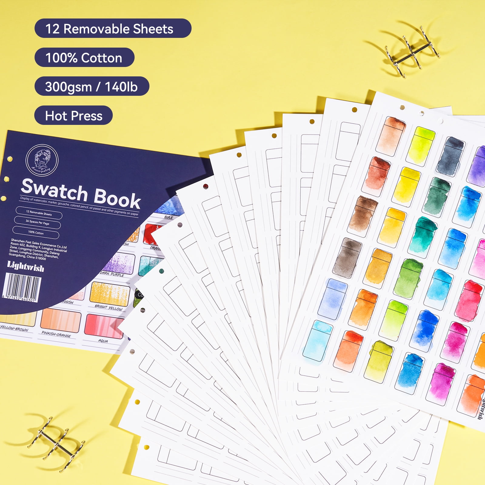 Lightwish Watercolor Swatch Book, Professional Artist Color Diary for Markers and Paints (12 Pages, 140 lb) 2hxtx