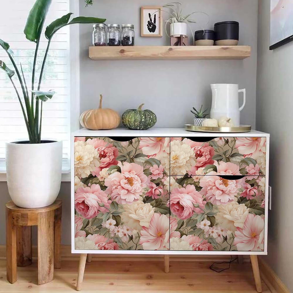 Usachibb Vintage Peony Floral Peel and Stick Wallpaper, Self-Adhesive Removable Wall Decor (Pink, 17.7 in x 118.1 in) qsd65