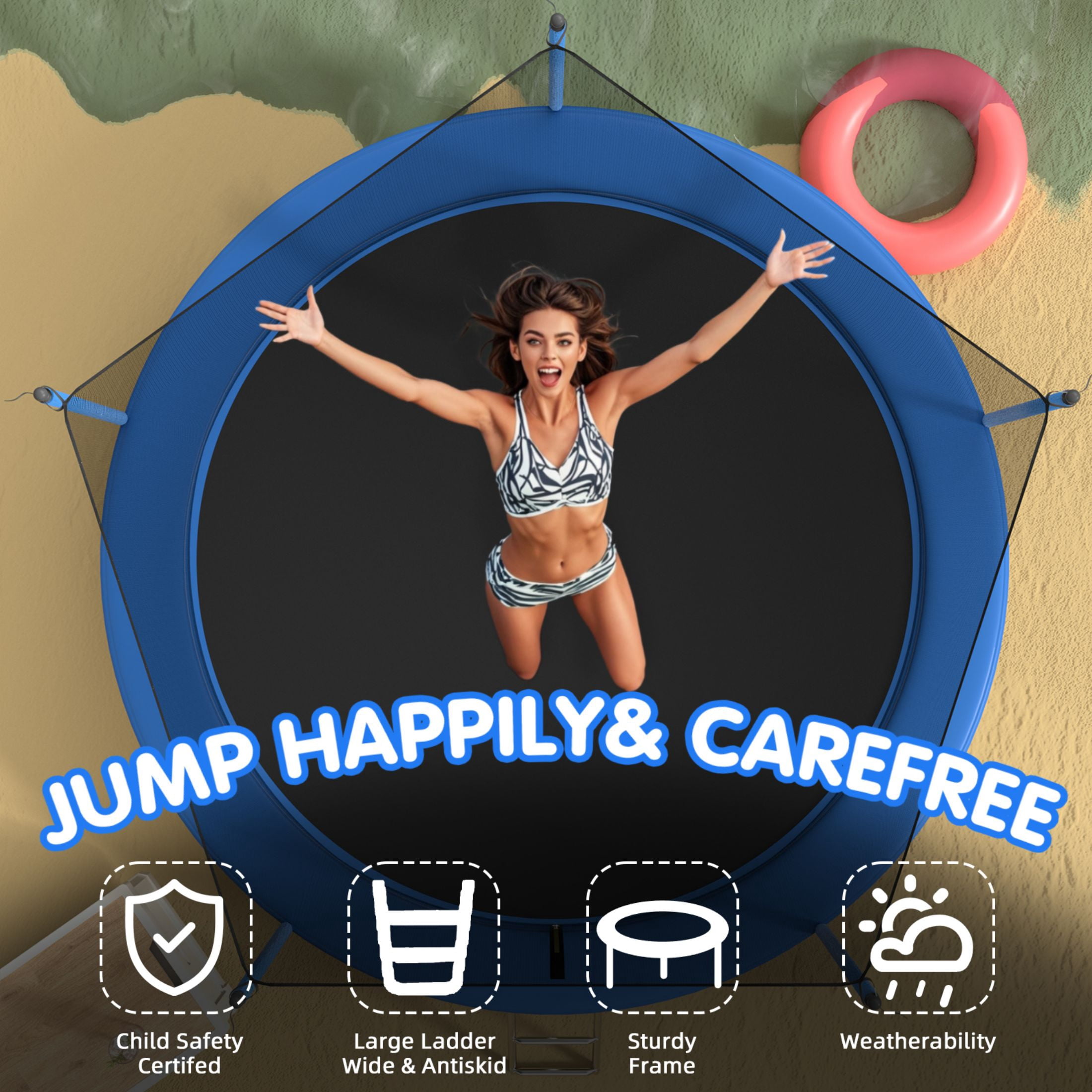 SENCHO GINSYTALIOR Round Outdoor Trampoline with Enclosure Net and Basketball Hoop (Blue, 14 ft) 5l0bm