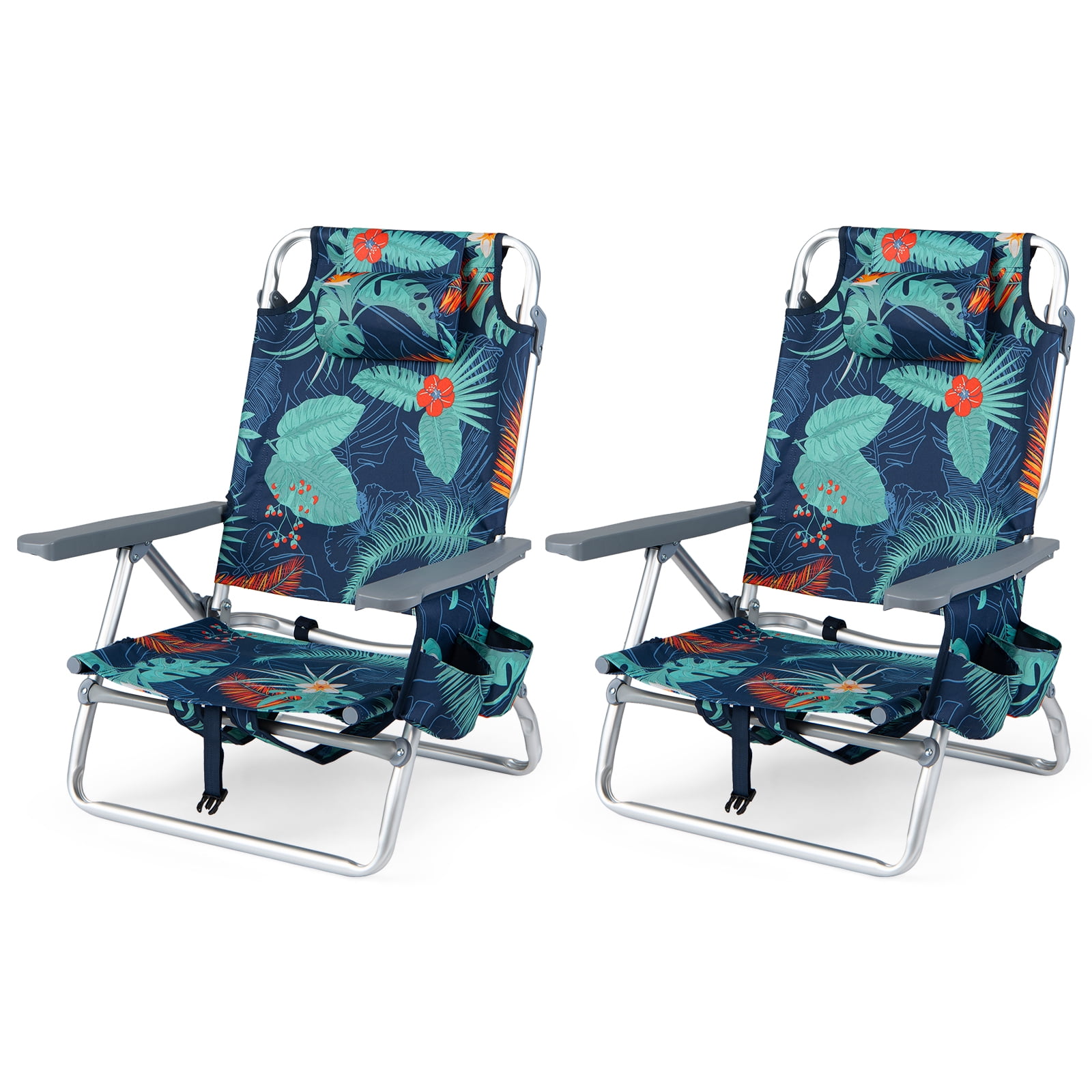 Costway Folding Beach Chairs Set of 2 with 5-Position Adjustable Backrest and Cup Holder (Tropical Leaf, 2 Pack) 1fxak