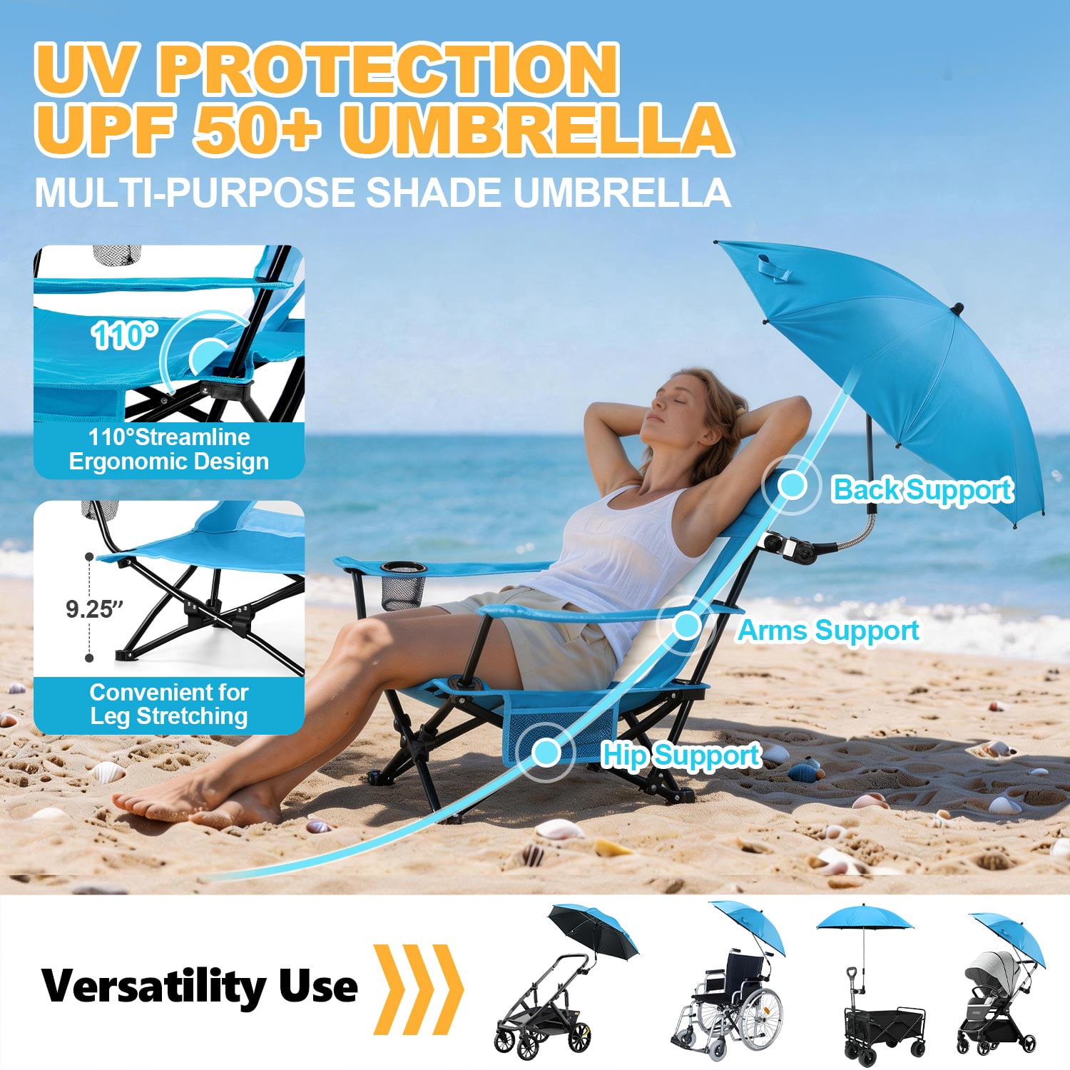 Walchoice Folding Beach Chair with Adjustable Umbrella (2 Pack, Blue, 30.7 in Wide Seat) nd0as