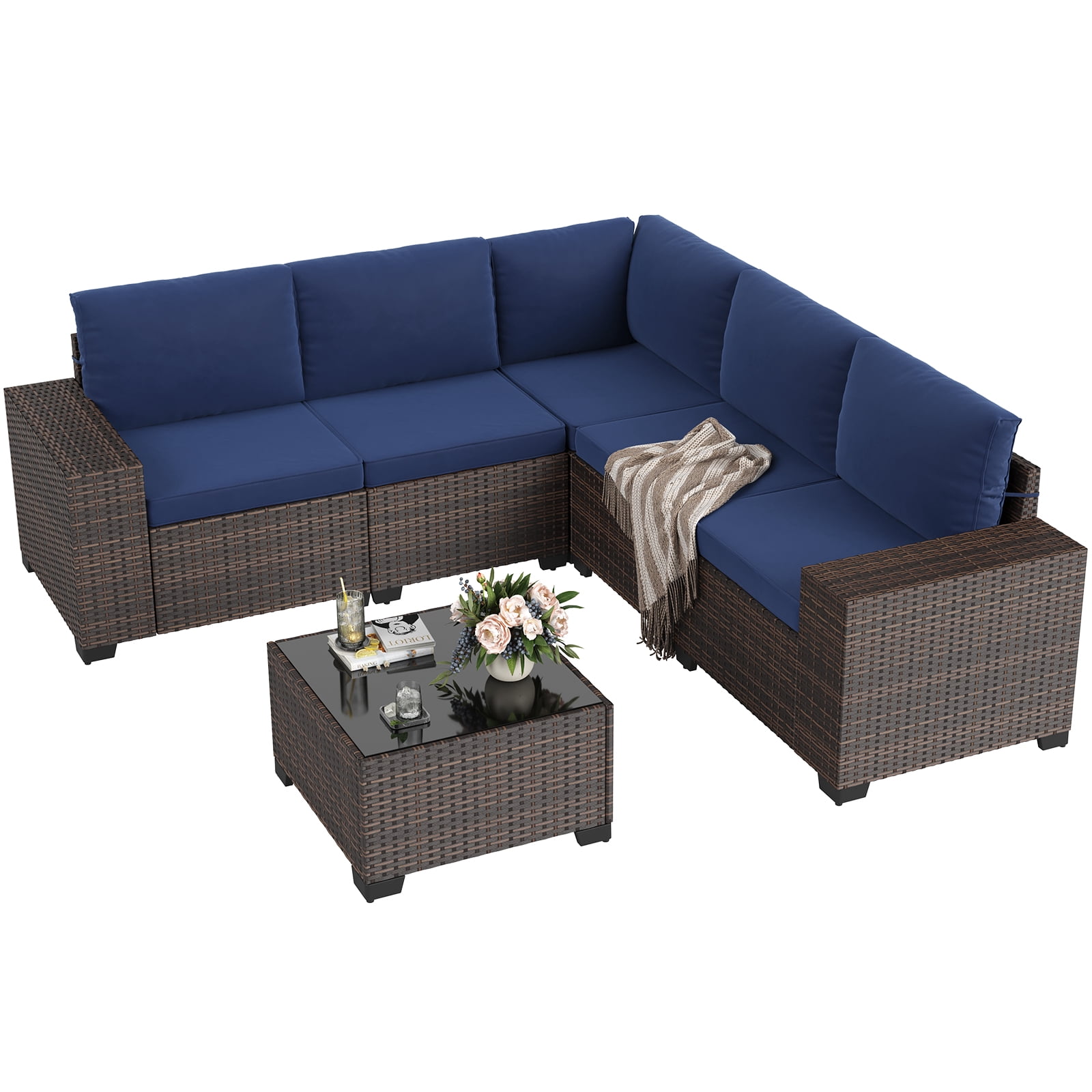 STARY 6-Piece Outdoor Sectional Sofa Set with Wide Armrests, PE Rattan Patio Conversation Furniture (Blue, 6-Piece Set) qf0g7