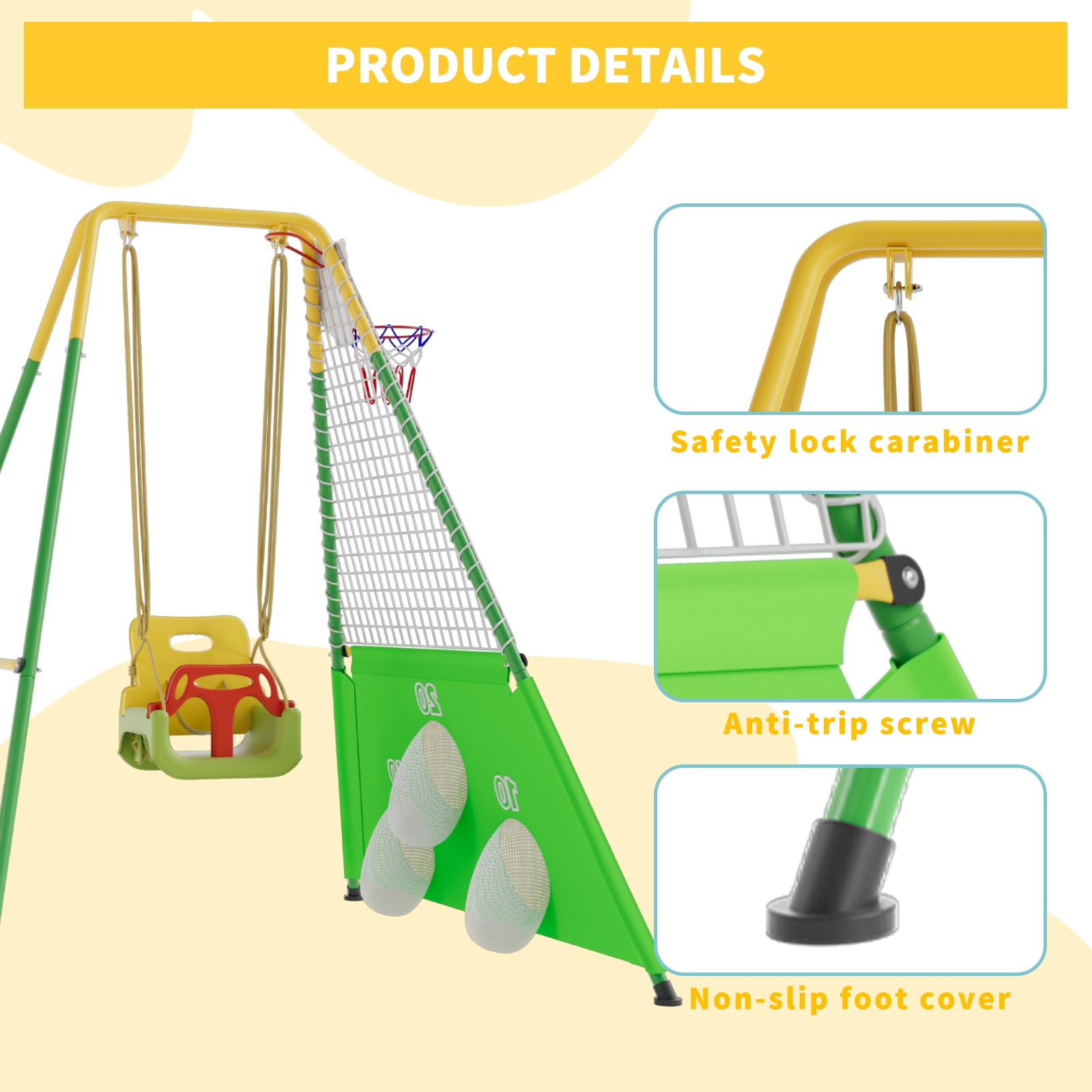SENCHO GINSYTALIOR 3-in-1 Toddler Swing Set with Basketball Hoop and Soccer Net, Indoor Outdoor Kids Playground (Green, 67 in x 55 in x 61 in) 0vpcf