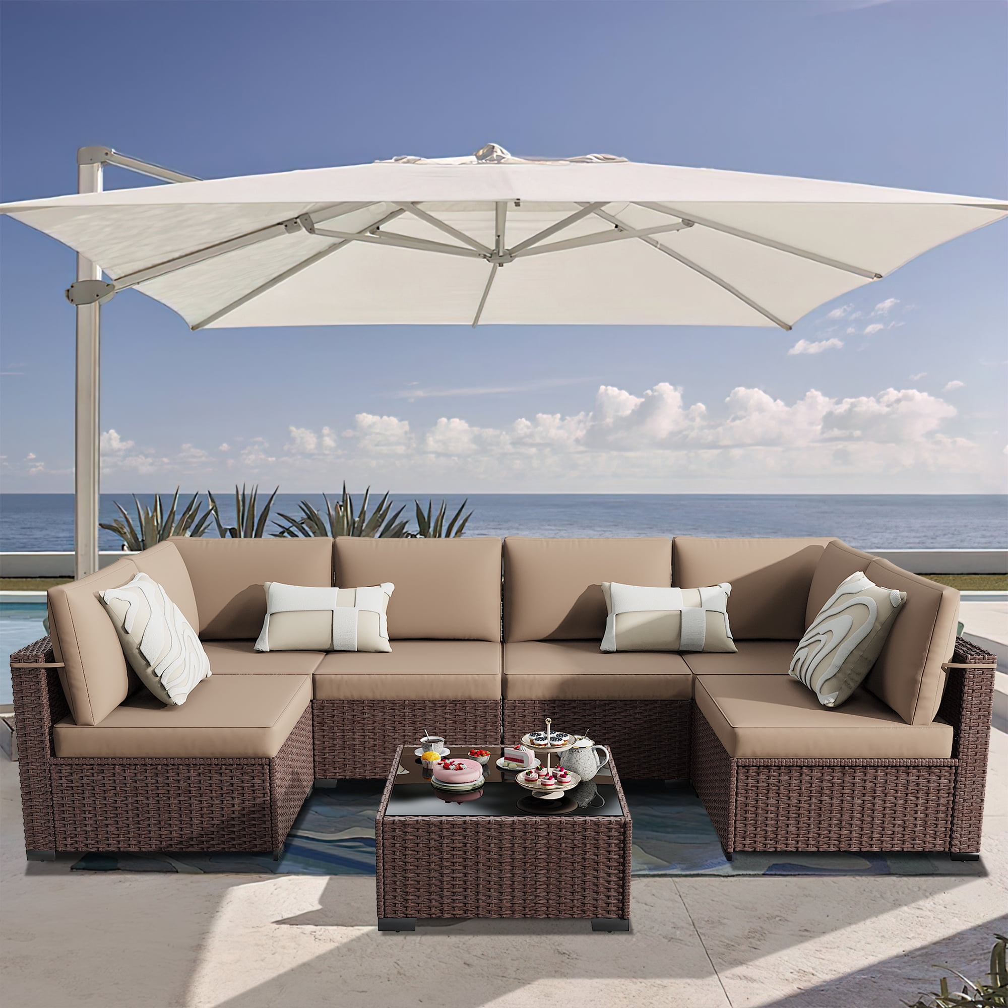 Kigoty 7-Piece Outdoor Patio Furniture Set, Wicker Rattan Sectional Sofa with Coffee Table (Brown, 7-Piece) qv5be