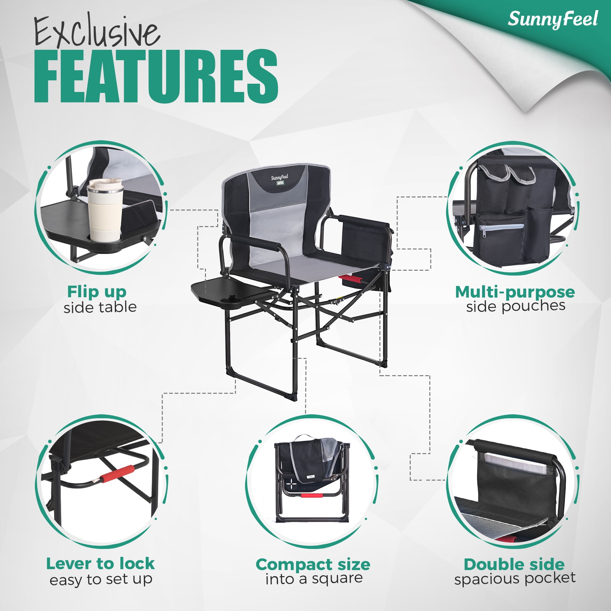 Sunnyfeel Heavy Duty Oversized Portable Folding Director Chair with Side Table and Storage Pockets (Black, 21 in x 25 in x 36 in) msdak