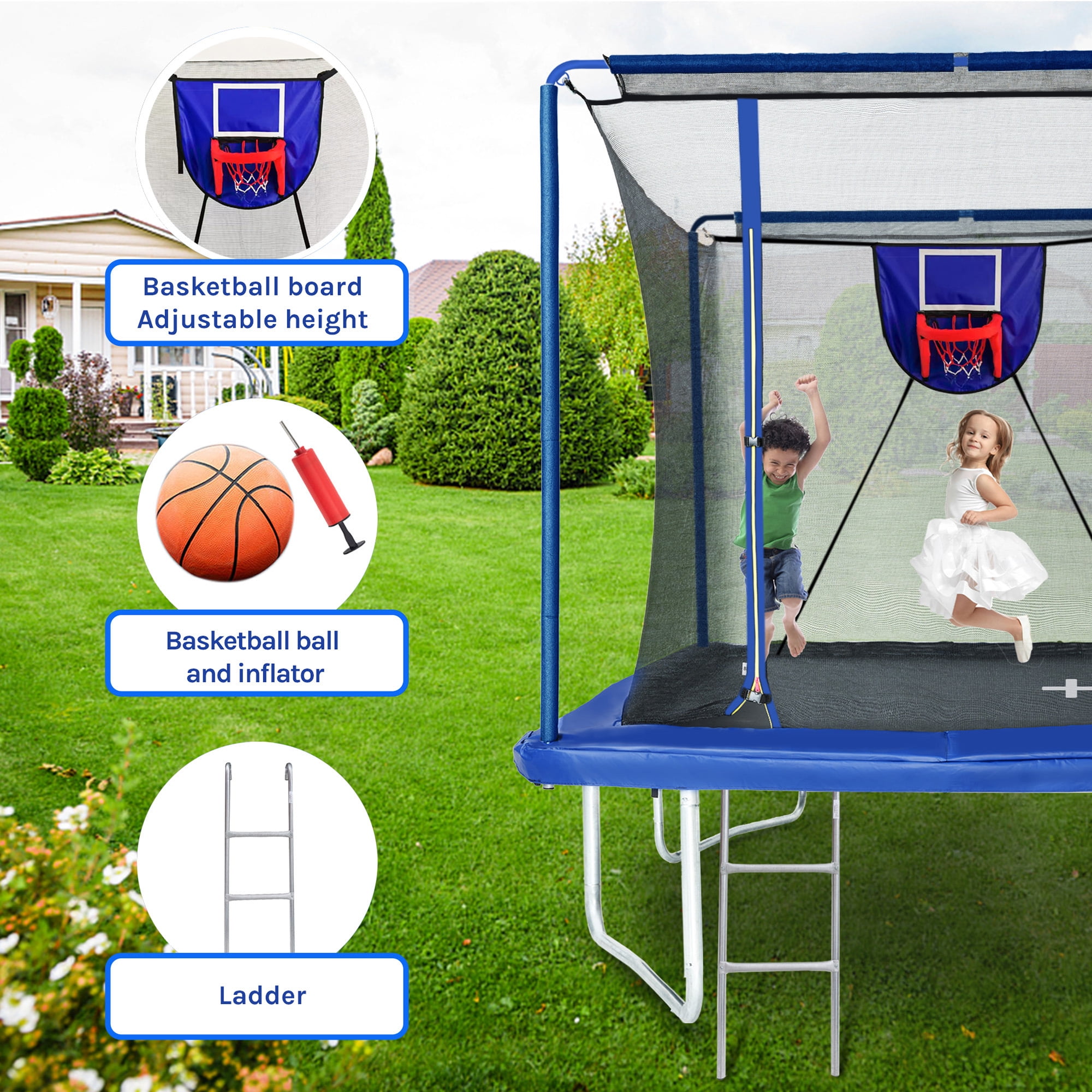 SUNRINX 8x12 ft Rectangular Trampoline with Basketball Hoop and Ladder (Blue, 8x12 ft) 79wdu