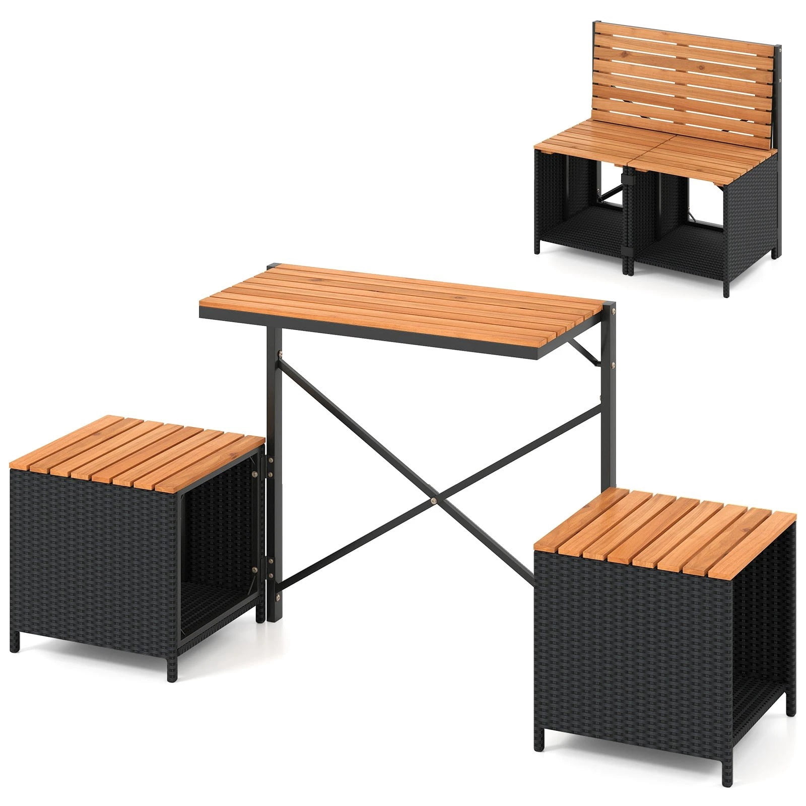 Auranook 2-in-1 Outdoor Convertible Bench and Table Set with Metal Frame and PE Rattan (Black) adncm
