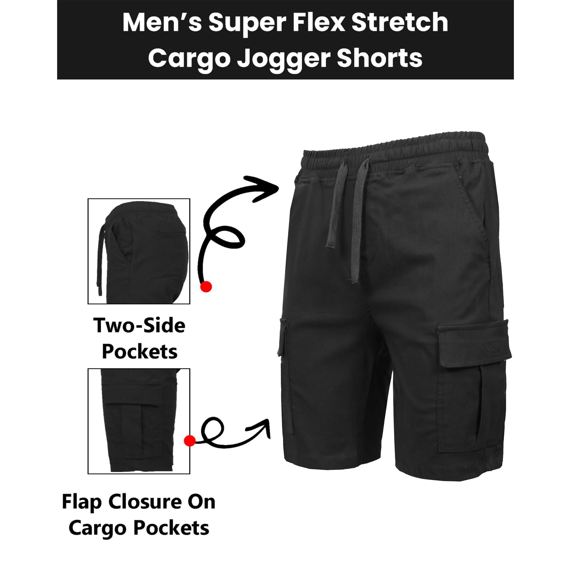 Galaxy by Harvic Men’s Flex Cargo Shorts with Elastic Waistband and Drawstring (Black, 3-Pack) d6hpl