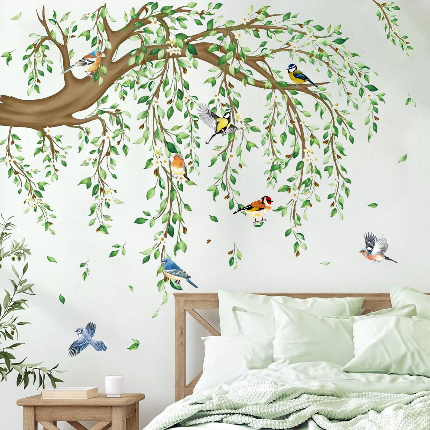 Style-Carry Hanging Vine Wall Decals, Tree Branch Green Leaf Flower Bird Stickers for Living Room Bedroom Decor (Green, 4 Sheets, 11.8 in x 35.4 in) 18n8g