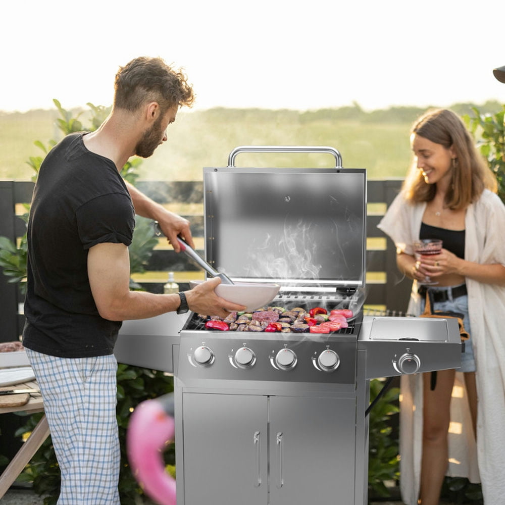 Aimee Lii 5-Burner Propane Gas Grill with Side Burner and Prep Tables (Silver, 516 sq in) 3b6cr