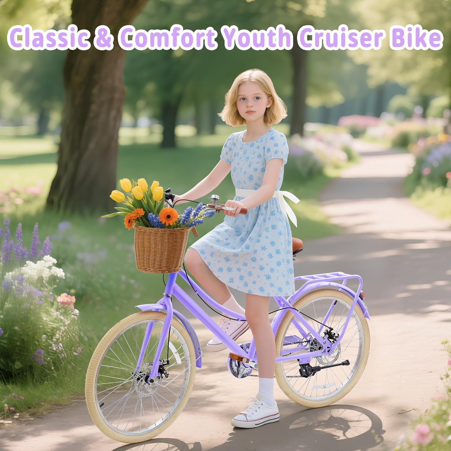 Akaber Kids Retro Cruiser Bike, 7-Speed Girls Bicycle with Rattan Basket and Dual Disc Brakes (20 in) 7glbr