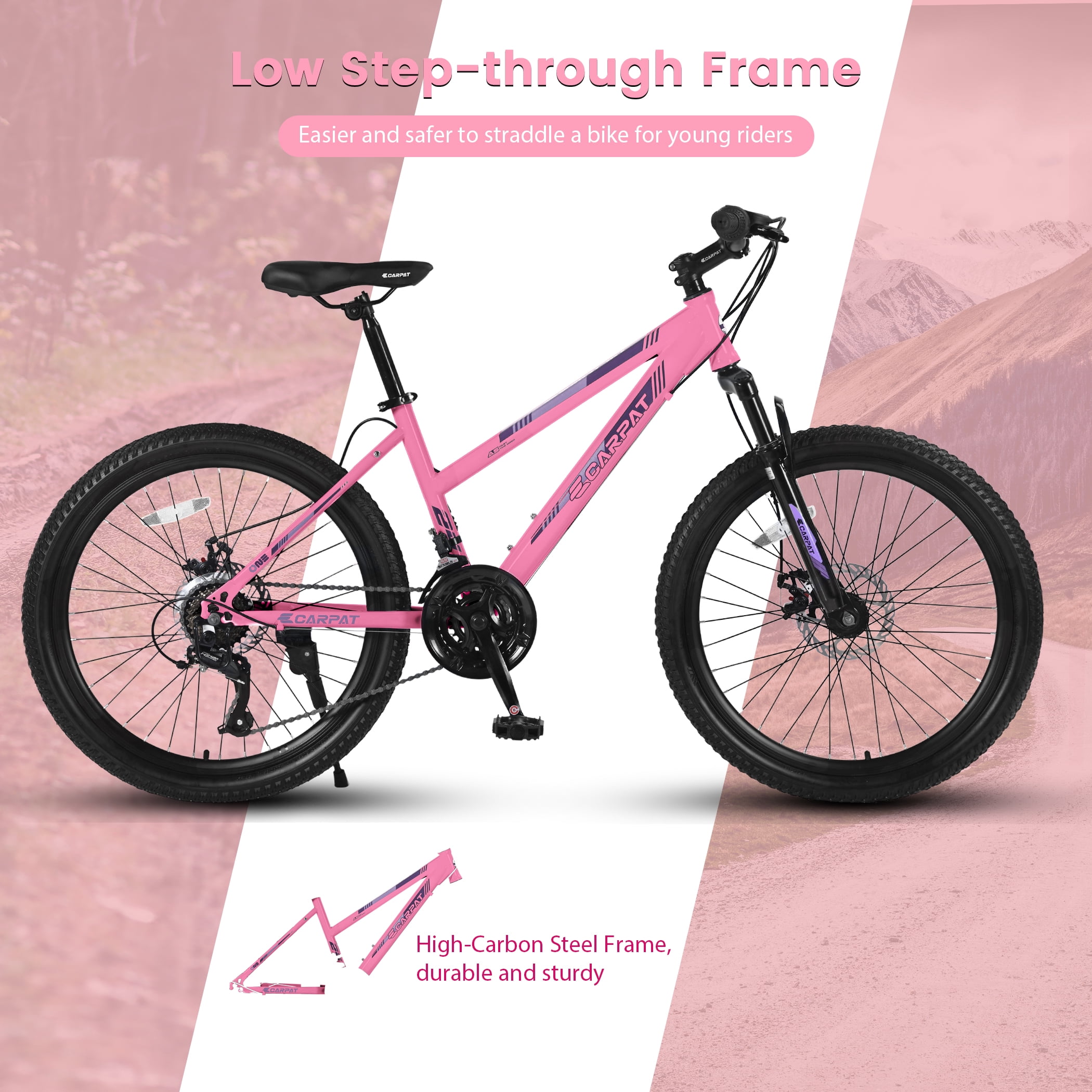 Ecarpat 26 Inch Mountain Bike, 21-Speed Trail Commuter Bicycle with Dual Disc Brakes (Pink, 26 in) 96k4h