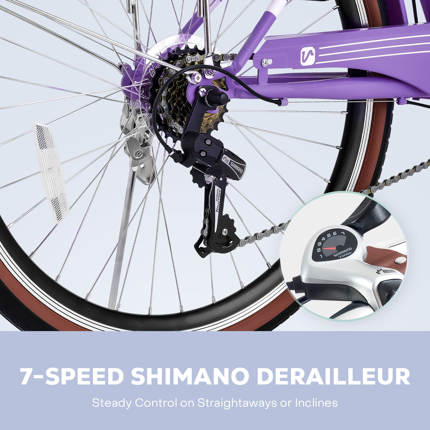 Viribus 24 in Beach Cruiser Bike for Women, 7-Speed City Bicycle with Basket and Rack (Purple, 24 in) 1qztg