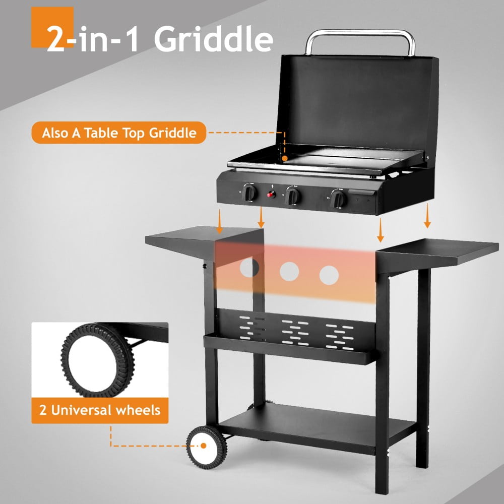IVV 3-Burner Propane Gas Flat-Top Griddle, Outdoor Cooking Station with Side Shelves and Spice Rack (Black, 23.2 in x 14.2 in) nbwtq