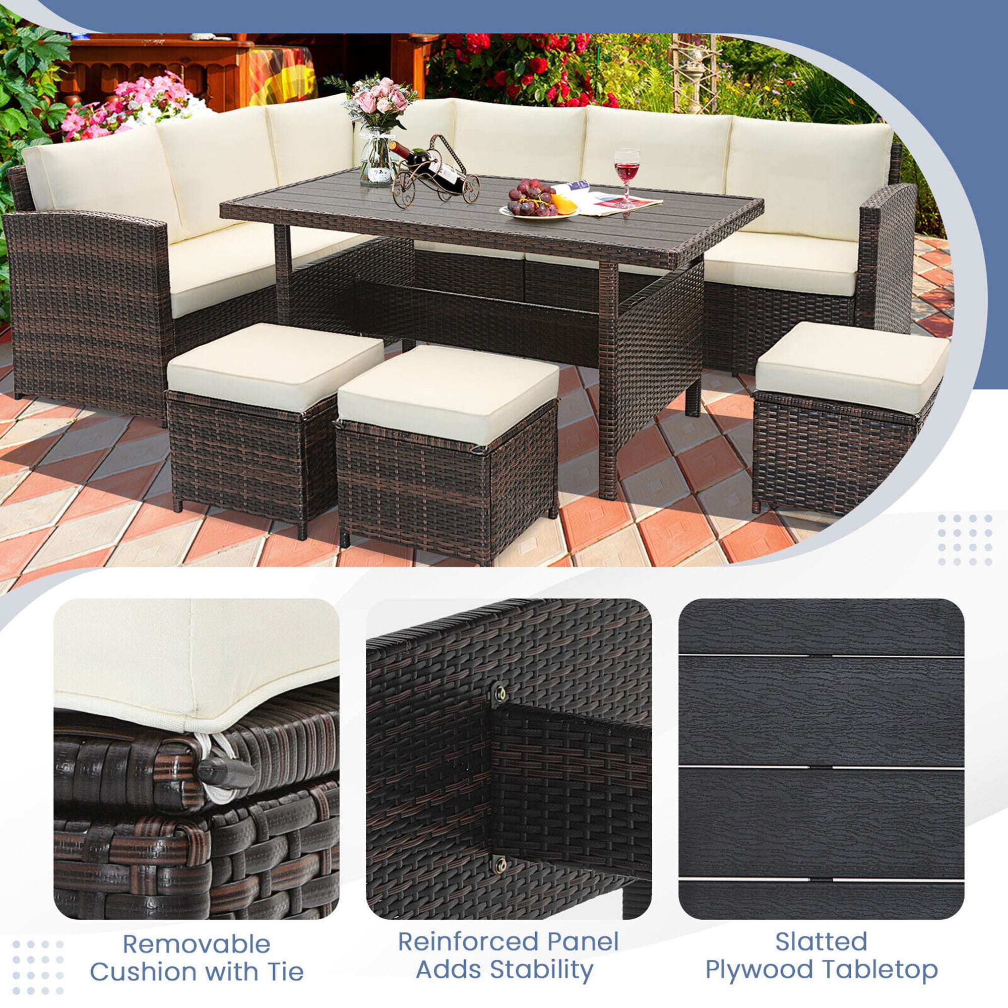 Gymax 7-Piece Wicker Patio Conversation Furniture Set with Cushions (White, 7-Piece) sqvvq