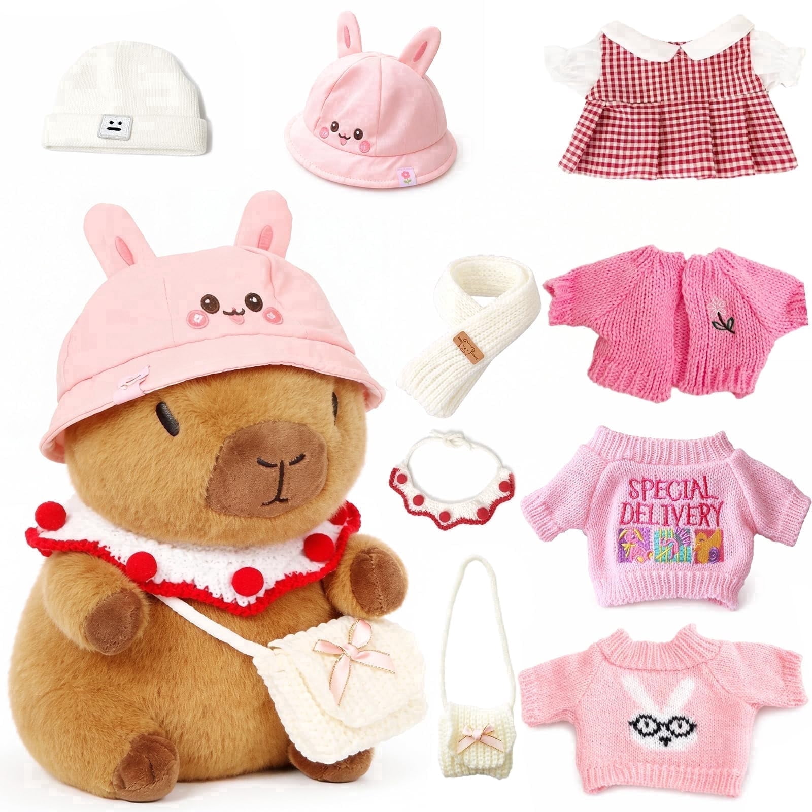 YSZZYSM Capybara Plush Toy with 9 Changeable Outfits and Accessories (Pink, 10.2 in) rcdmg