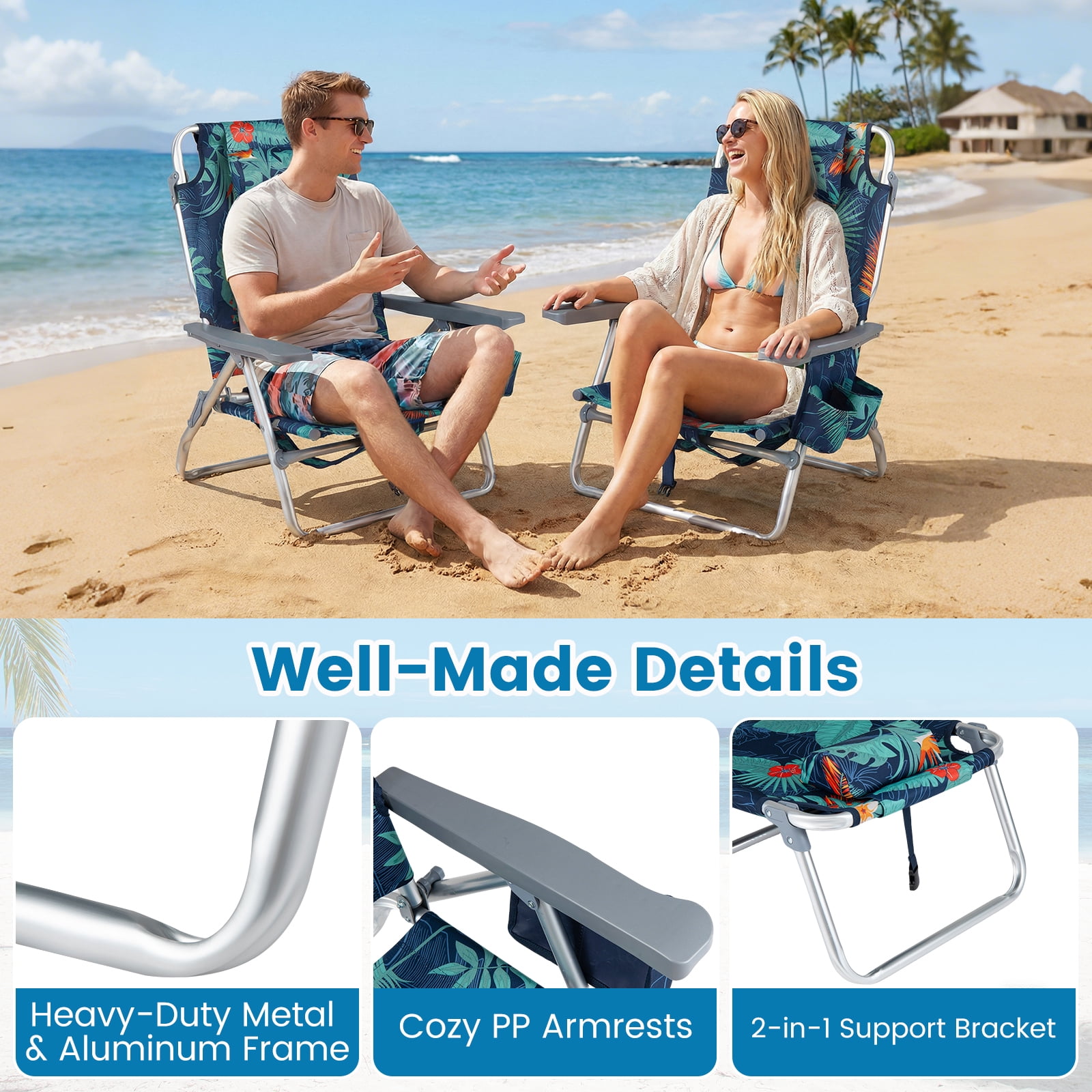 Costway Folding Beach Chairs Set of 2 with 5-Position Adjustable Backrest and Cup Holder (Tropical Leaf, 2 Pack) 1fxak