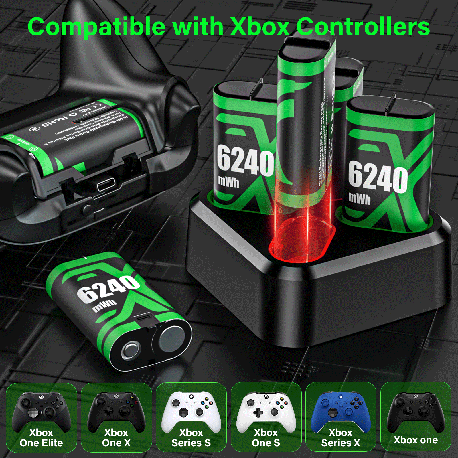 ZRZLMVP Rechargeable Xbox Controller Battery Pack with Charging Station (4-Pack, Black) cingh
