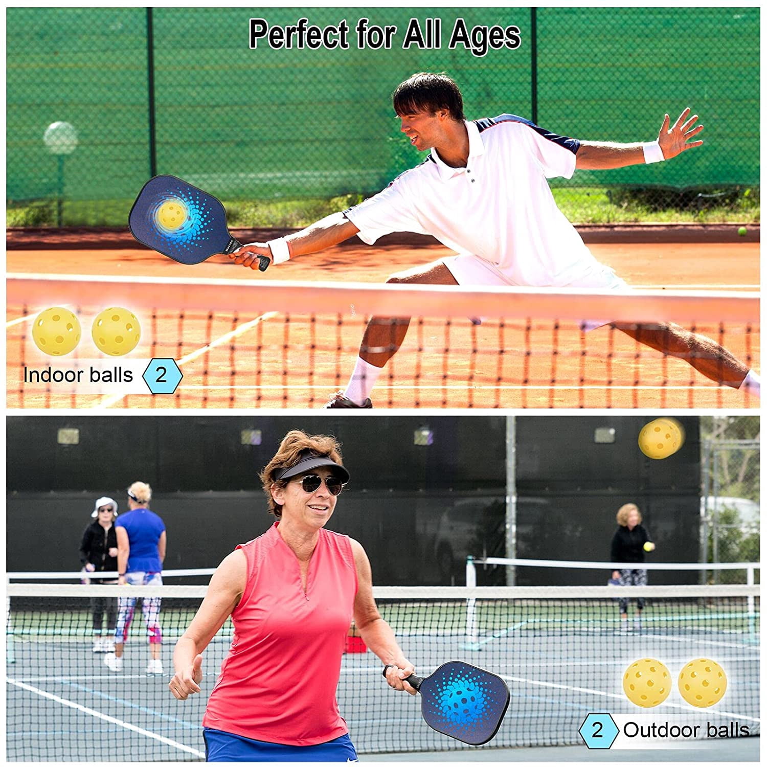 BEIVES Pickleball Paddle Set, Fiberglass Paddles with 4 Balls and Carry Bag (Blue, 4-Player Set) h3rho