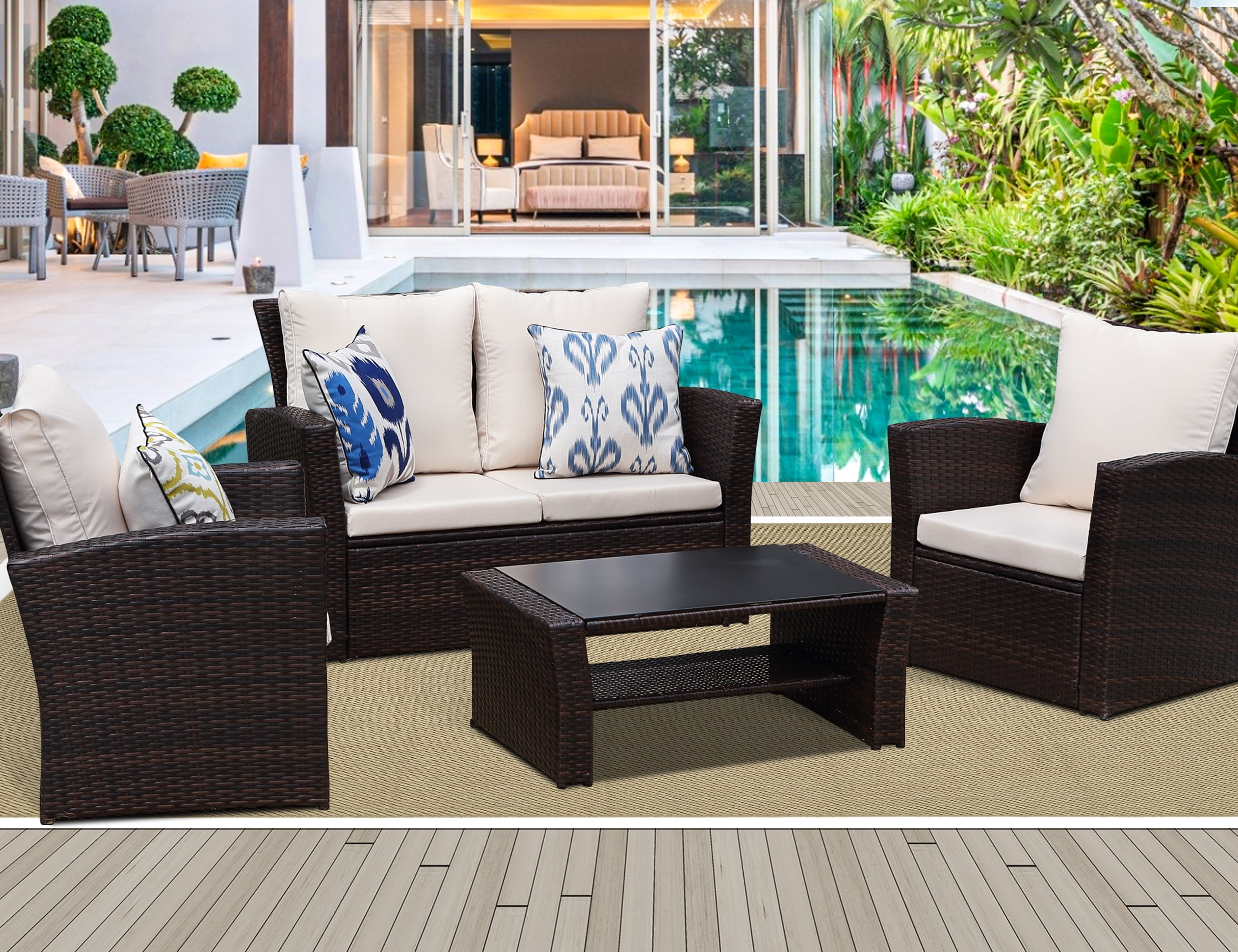 Cozy Home 4-Piece Rattan Outdoor Patio Furniture Set, Wicker Conversation Sofa and Coffee Table (Brown, 4-Piece Set) blo4v
