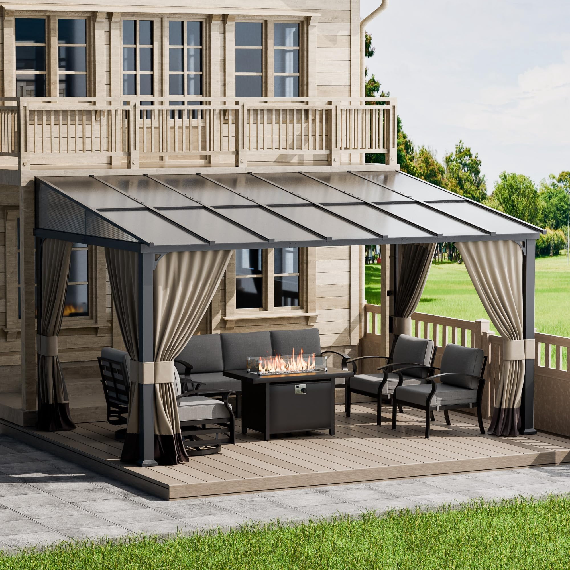 ALAULM Wall Mount Hardtop Gazebo with Curtains and Netting, Outdoor Patio Pergola (Sand, 10 ft x 14 ft) d3rk4