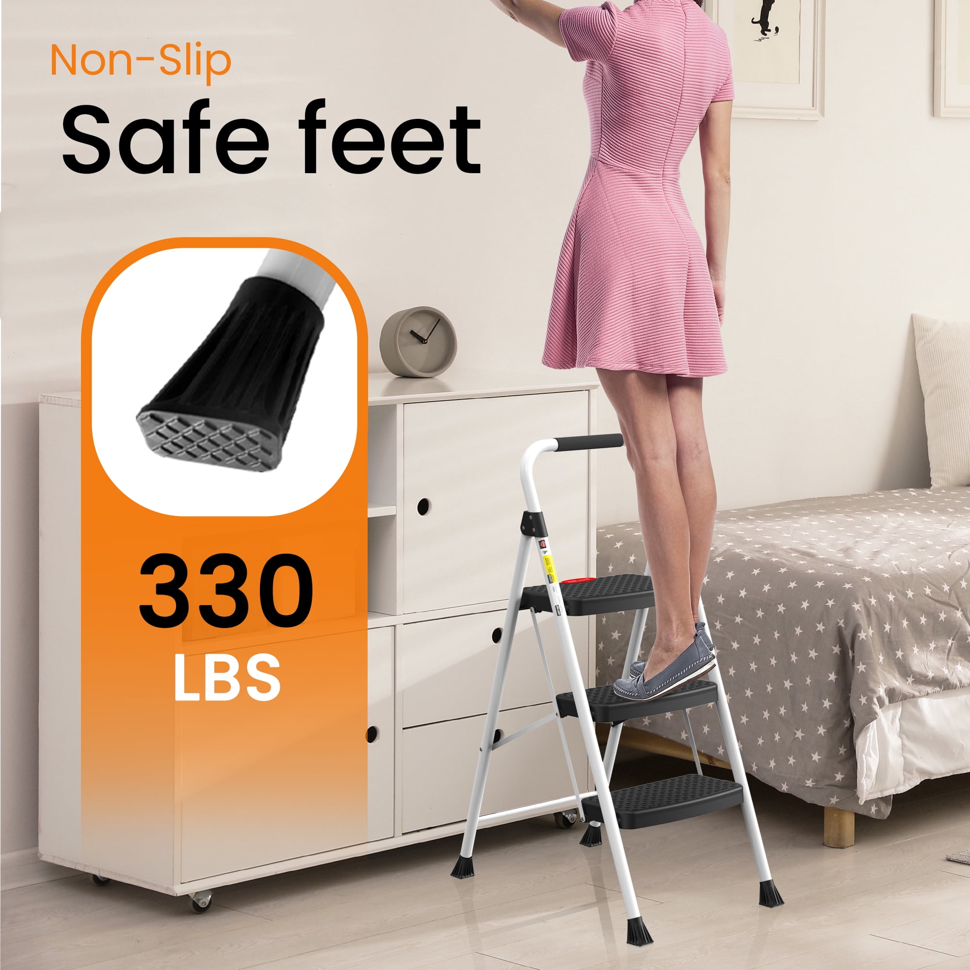 HBTower 3-Step Steel Folding Ladder with Snap-Lock (White, 330 lb Capacity) csfav