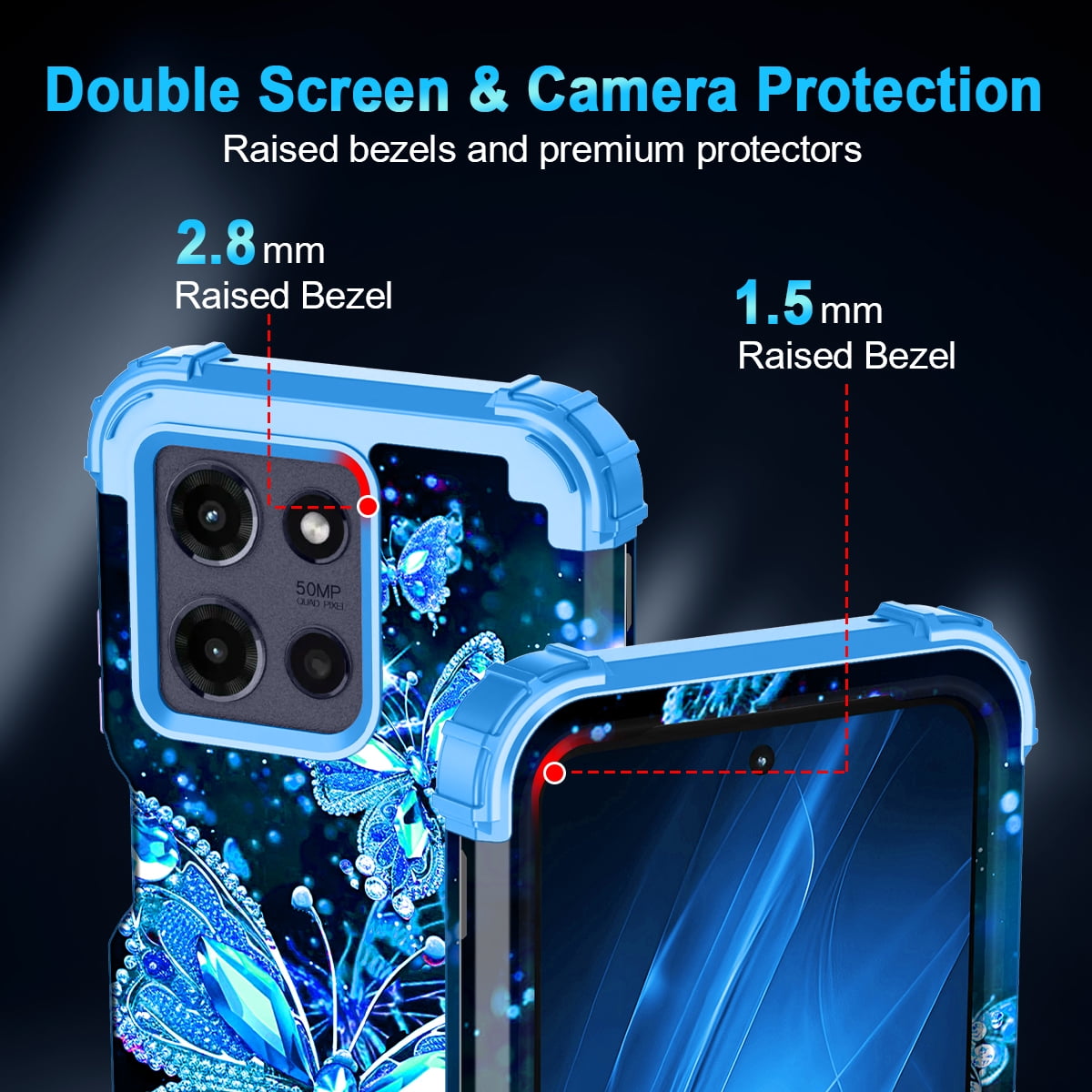 Casetego for Moto G Power 5G 2025 Case, Heavy Duty Shockproof Glow in the Dark Protective Cover (Black Blue Butterfly, 6.8 in) 19apo