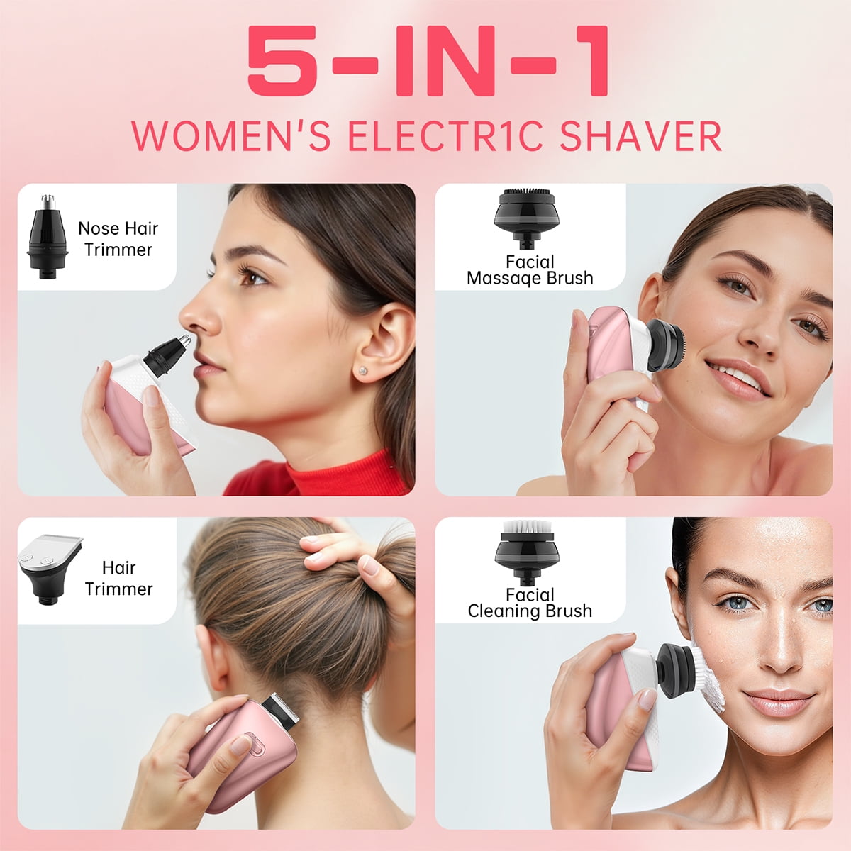 Cshidworld 5-in-1 Electric Shaver for Women, Rechargeable Wet/Dry Hair Removal Kit for Face and Body (Pink, 1 Count) 9yshe