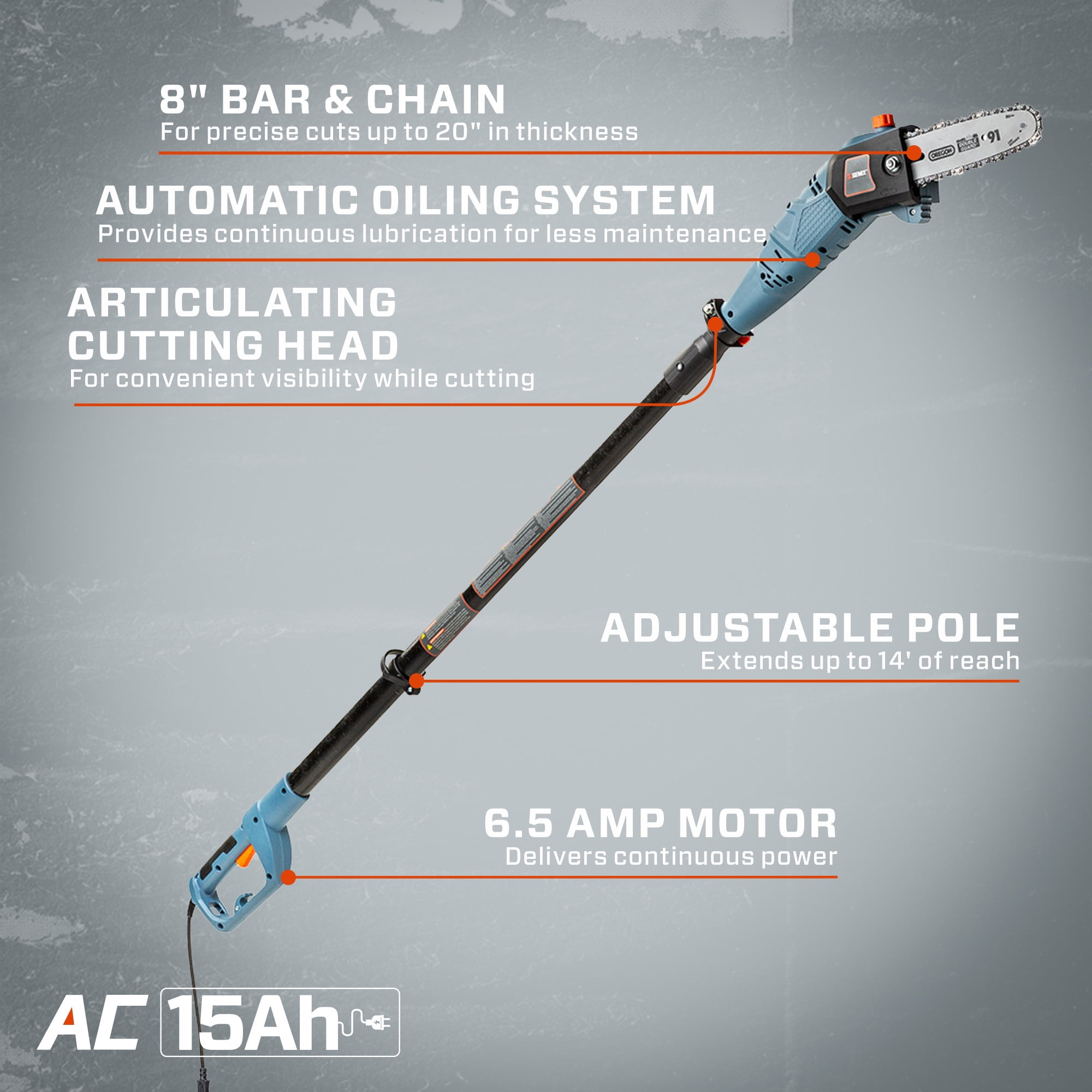 Senix 120V Corded Electric Pole Saw (Blue, 8 in Bar, 103 in Reach) t10an