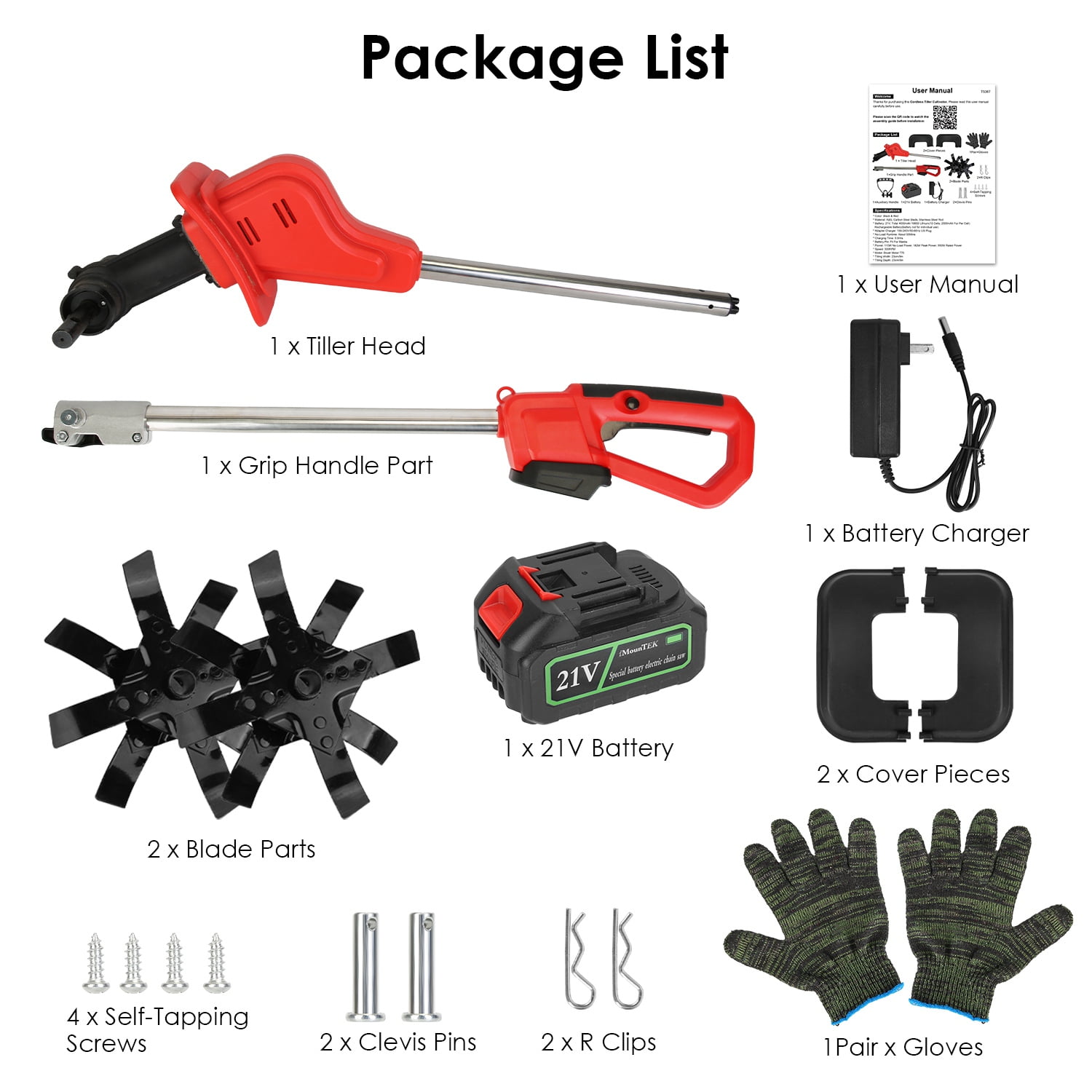 Moclever Electric Garden Tiller, Cordless Cultivator with 16 Steel Tines, 9-in Tilling Width & Depth (Black & Red, 11.02 lb) 9lg2x
